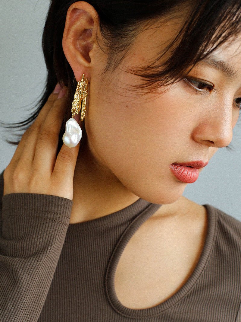 French Style Lava Baroque Pearls Earrings for Women - Vintage Dangle Drop Earrings - Handmade Natural Stone Jewelry - Perfect for Weddings, Parties & Special Occasions