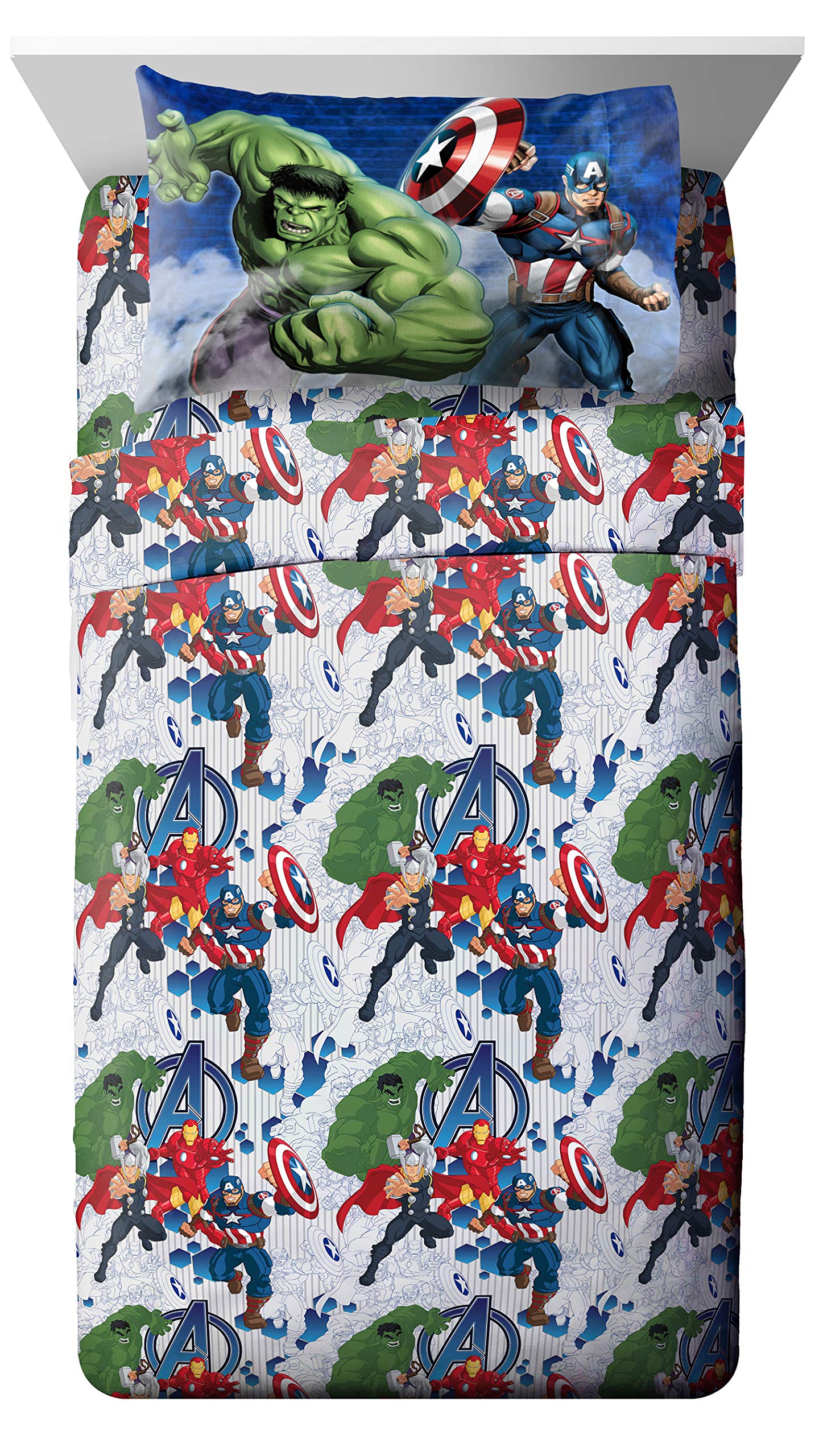 Marvel Avengers Blue Circle 5-Piece Full Bedding Set - Reversible Comforter & Sheet Set with Captain America & Iron Man - Fade Resistant Microfiber (Official) | Perfect for Kids' Rooms, Superhero Themed Bedrooms & Marvel Fans