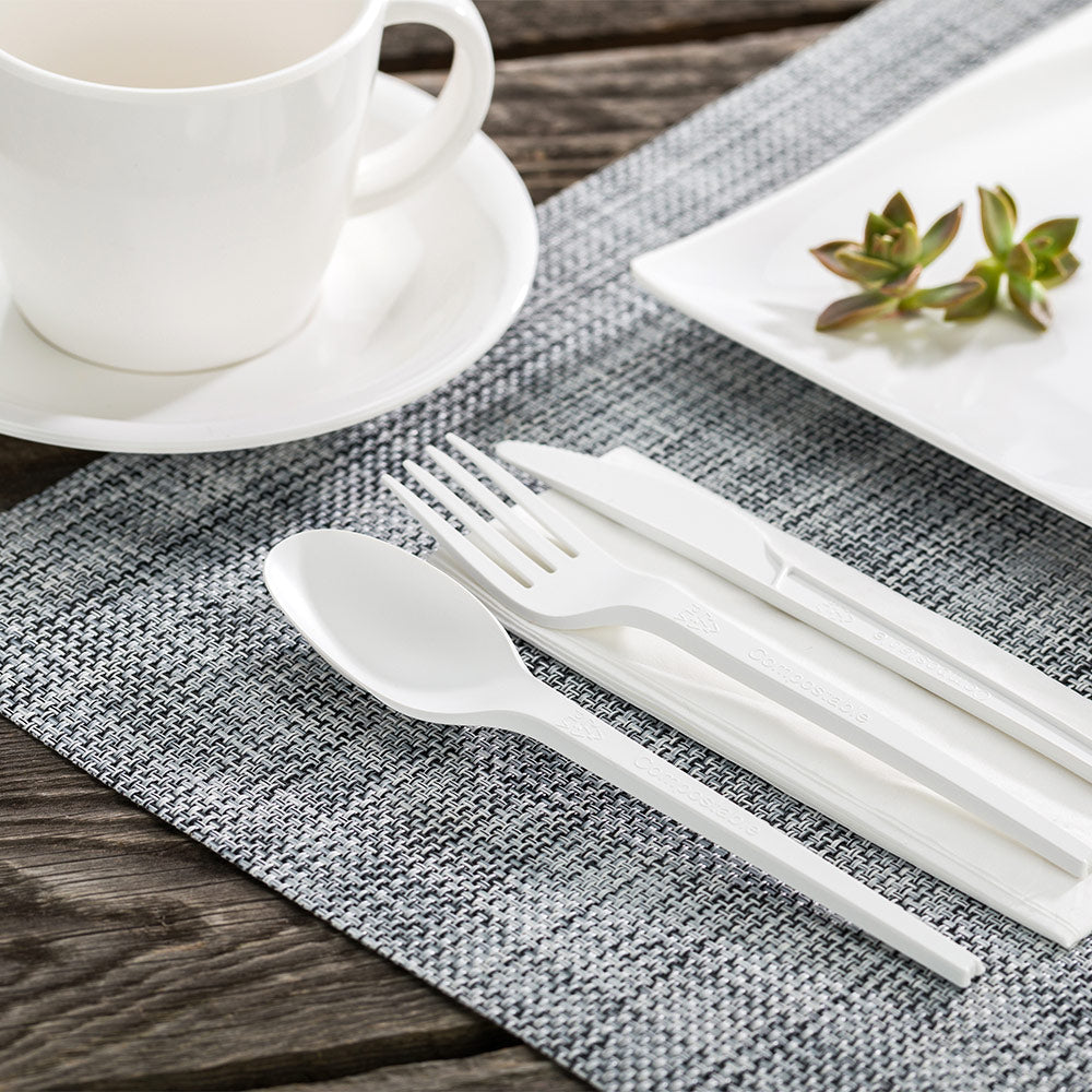 Eco-Friendly Compostable CPLA Plastic Cutlery Set with White Napkins - Heat Resistant, 8.75