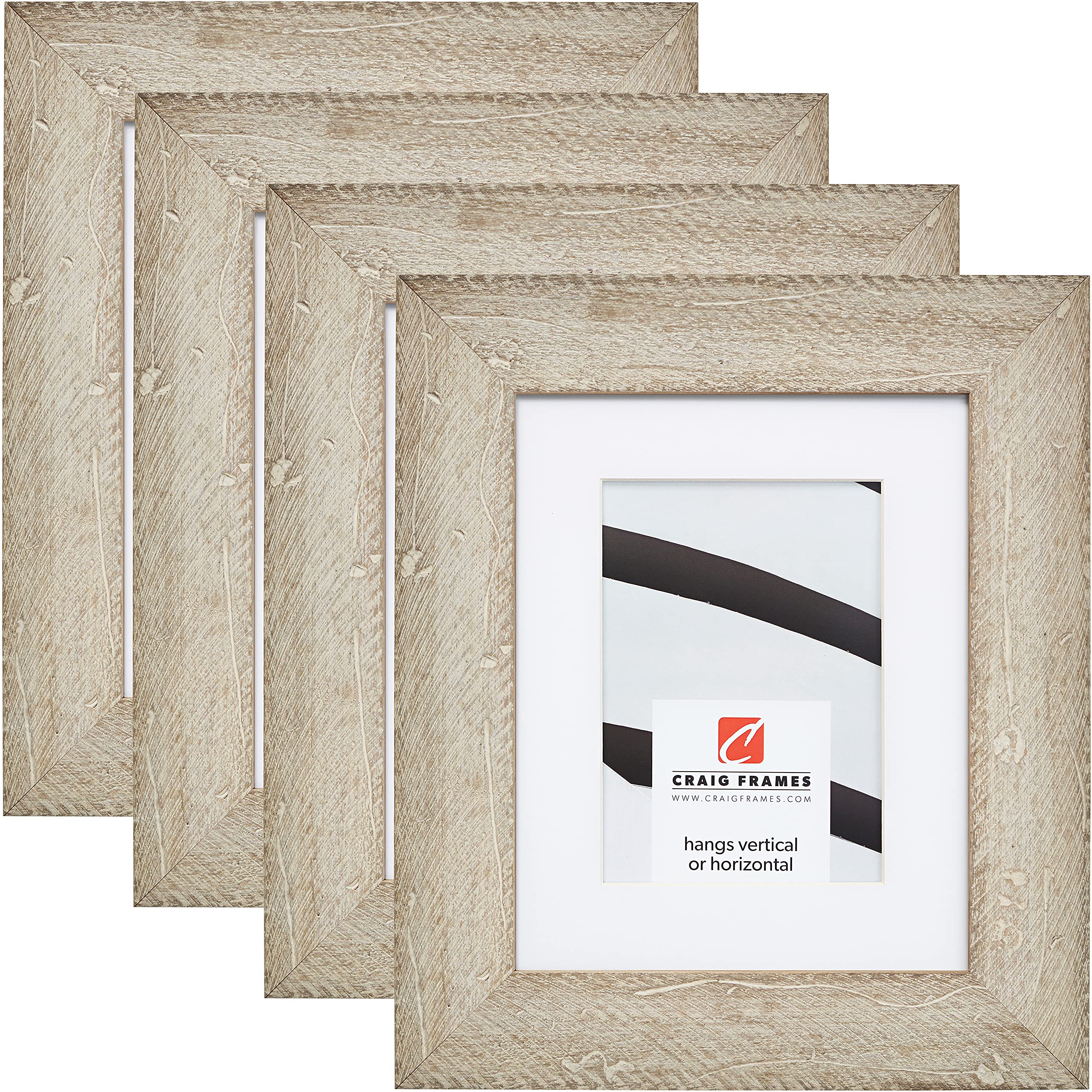 Craig Frames Hatteras 10x12 Inch Picture Frame - Set of 4 Boho Rustic White Wash Frames with 8x10 Inch Photo Mat | Perfect for Wall Gallery, Living Room Decor & Wedding Photos