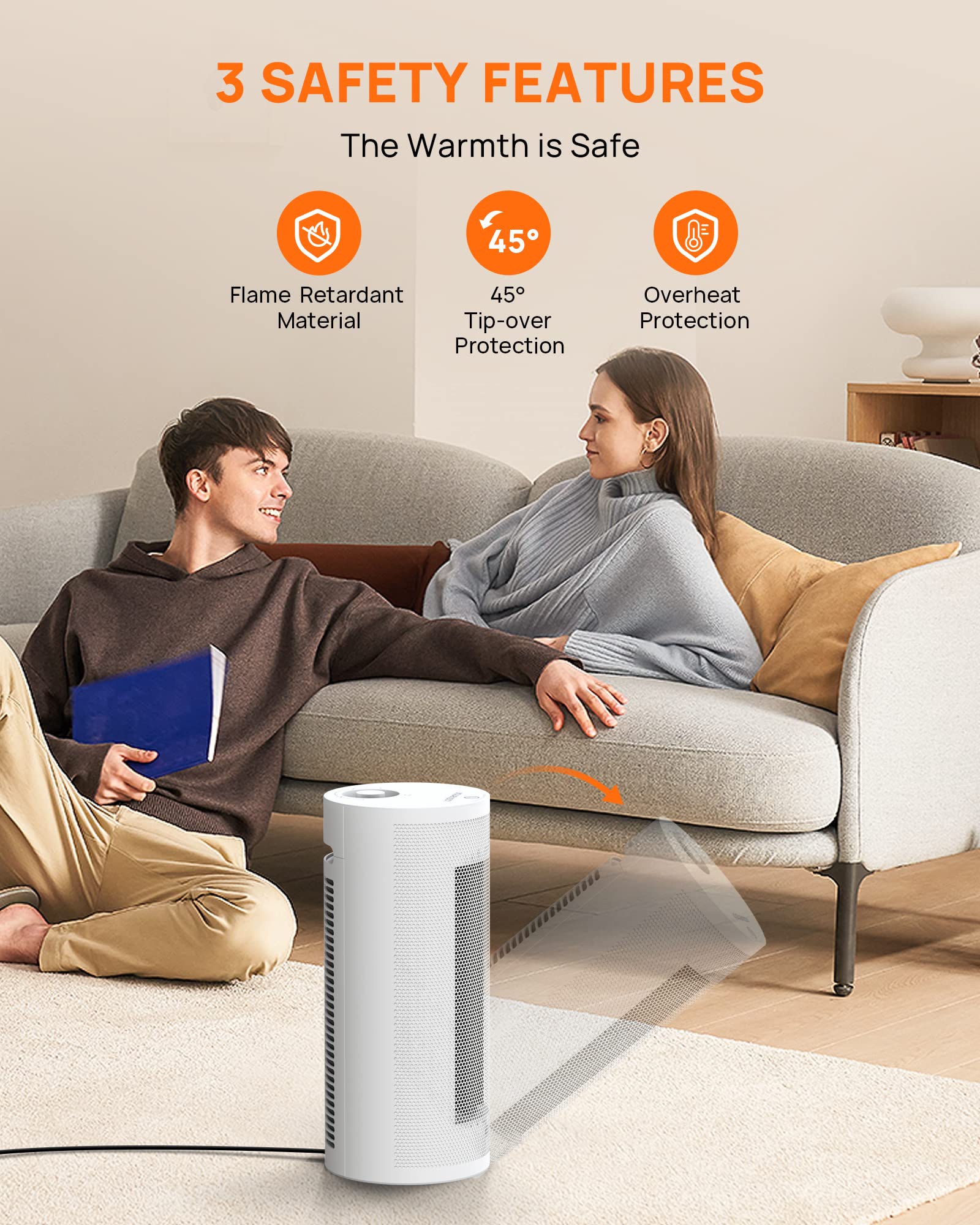 Upstreman 1500W PTC Ceramic Space Heater - Fast 3-Second Heating, 70° Oscillation & Tip-Over Protection - Energy Efficient Indoor Heater for Office, Bedroom, Desk - Perfect for Winter Home & Workspace Warmth (White)