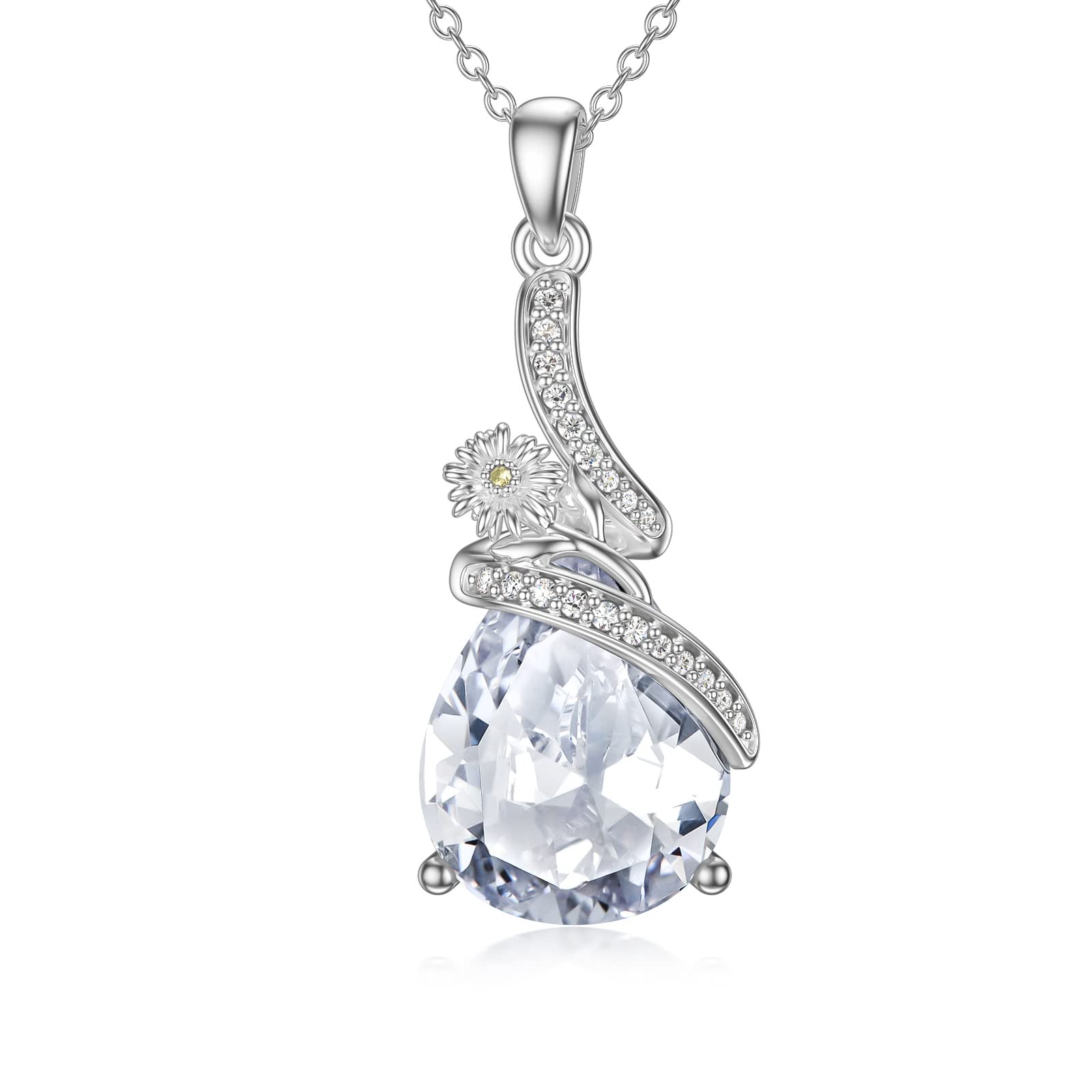 Mother's Day Birth Flower Necklace - Sterling Silver Floral Pendant with Teardrop Crystal Birthstone Jewelry for Women, Girls, Girlfriend, Wife, Mom & Daughter - Perfect for Birthdays, Anniversaries & Special Occasions
