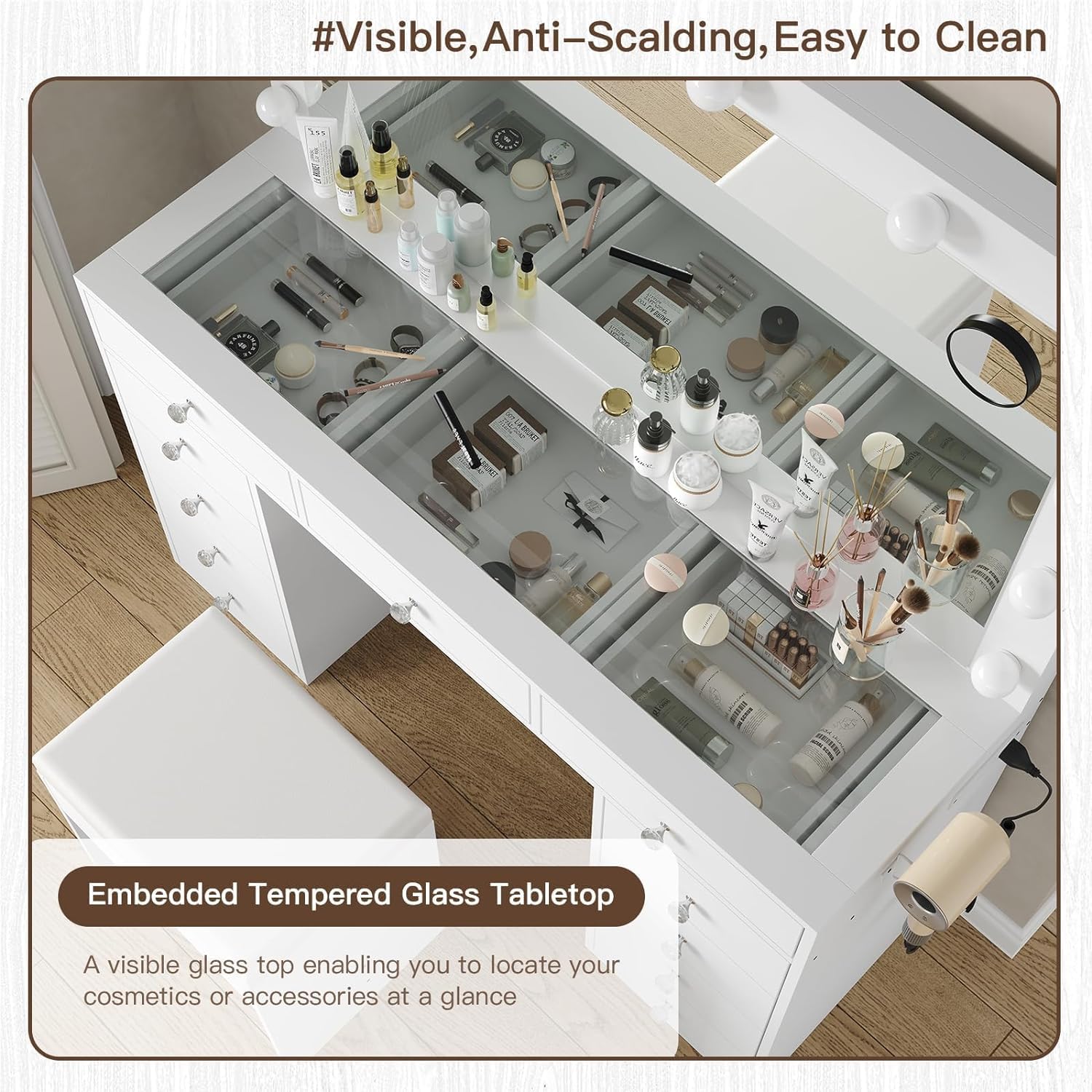Vanity Desk with Power Outlet & 12 LED Lights - Makeup Vanity Table with Mirror, 3 Lighting Modes & 11 Drawers - Glass Top Dressing Table with Chair for Bedroom, Dressing Room (White) - Perfect for Makeup Application, Skincare Routine & Home Salon Setup