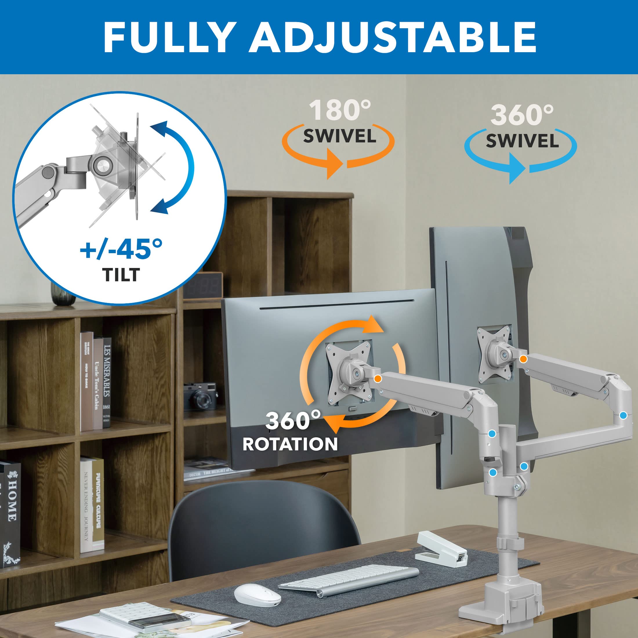 Mount-It! Dual Monitor Stand for 2 Screens - Adjustable Gas Spring Desk Mount with VESA 75/100 Compatibility, Fits 32