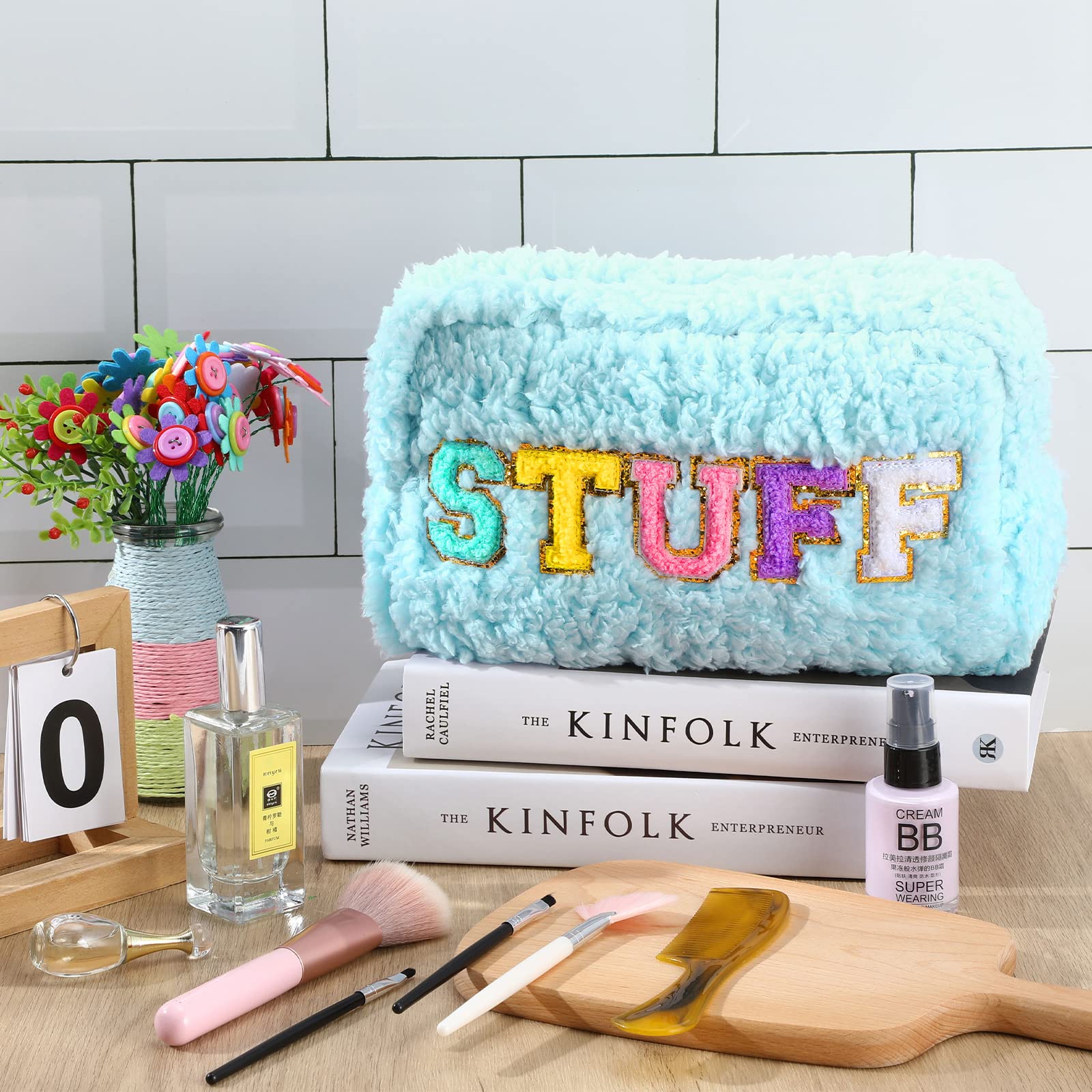 Soft Chenille Letter Cosmetic Bag - Small Portable Zippered Makeup Pouch for Women & Girls | Preppy Fleece Travel Organizer for Toiletries & Cosmetics (Blue) - Perfect for School, Gym, and Vacation