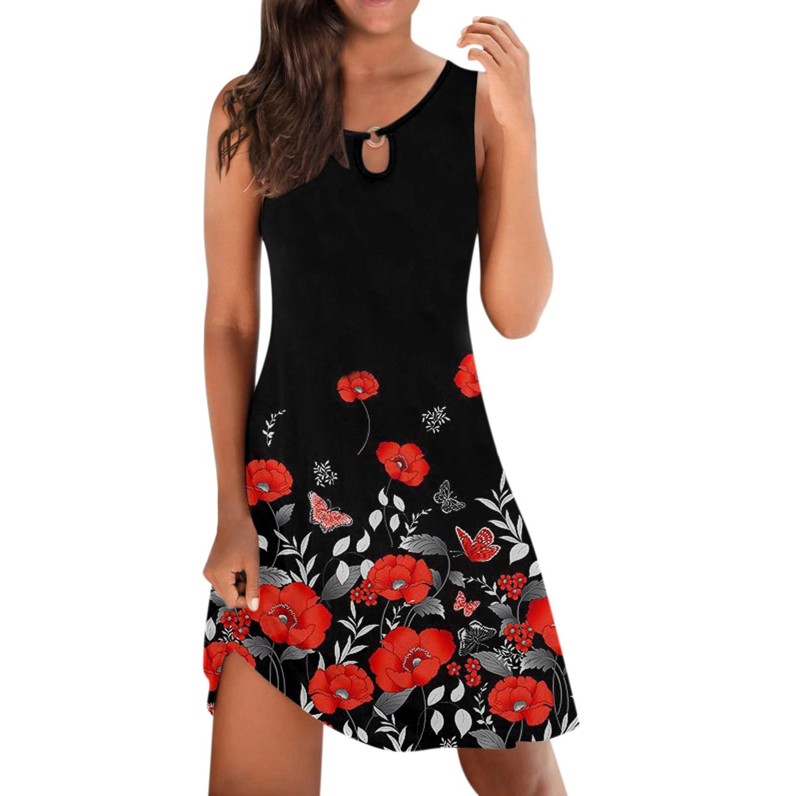 iLUGU Women's Casual Summer Sleeveless Dress - Floral Printed Hollow Out Loose Tank Dress, White Short Beach Dress for Vacation, Party & Outdoor Activities
