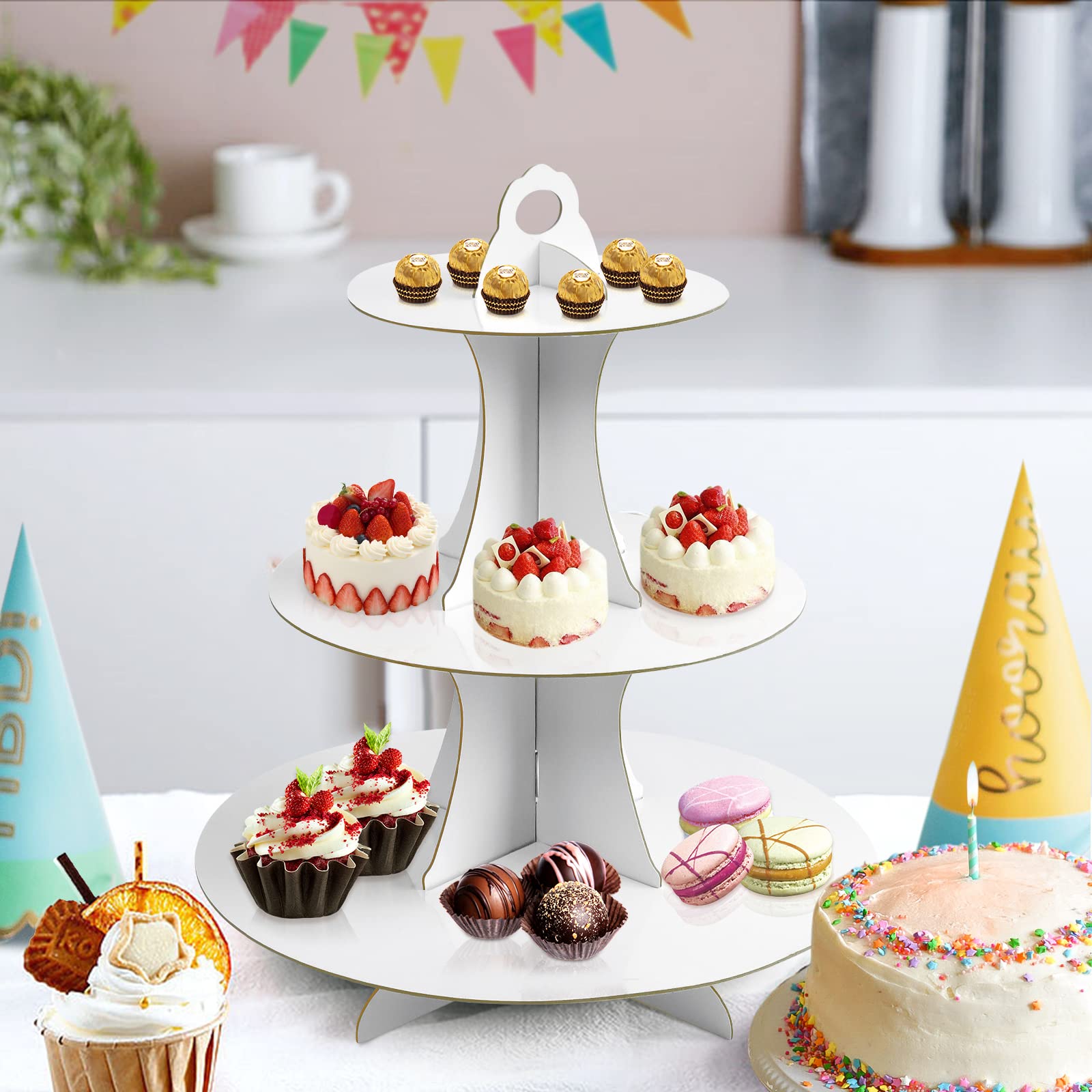 Soleebee 3-Tier Round Cupcake Stand - White Cardboard Dessert Tower for Birthday, Wedding & Party Decorations - 2-Pack Cupcake Display Stand for Cakes, Pastries & Treats - Perfect for Events, Catering & Home Baking