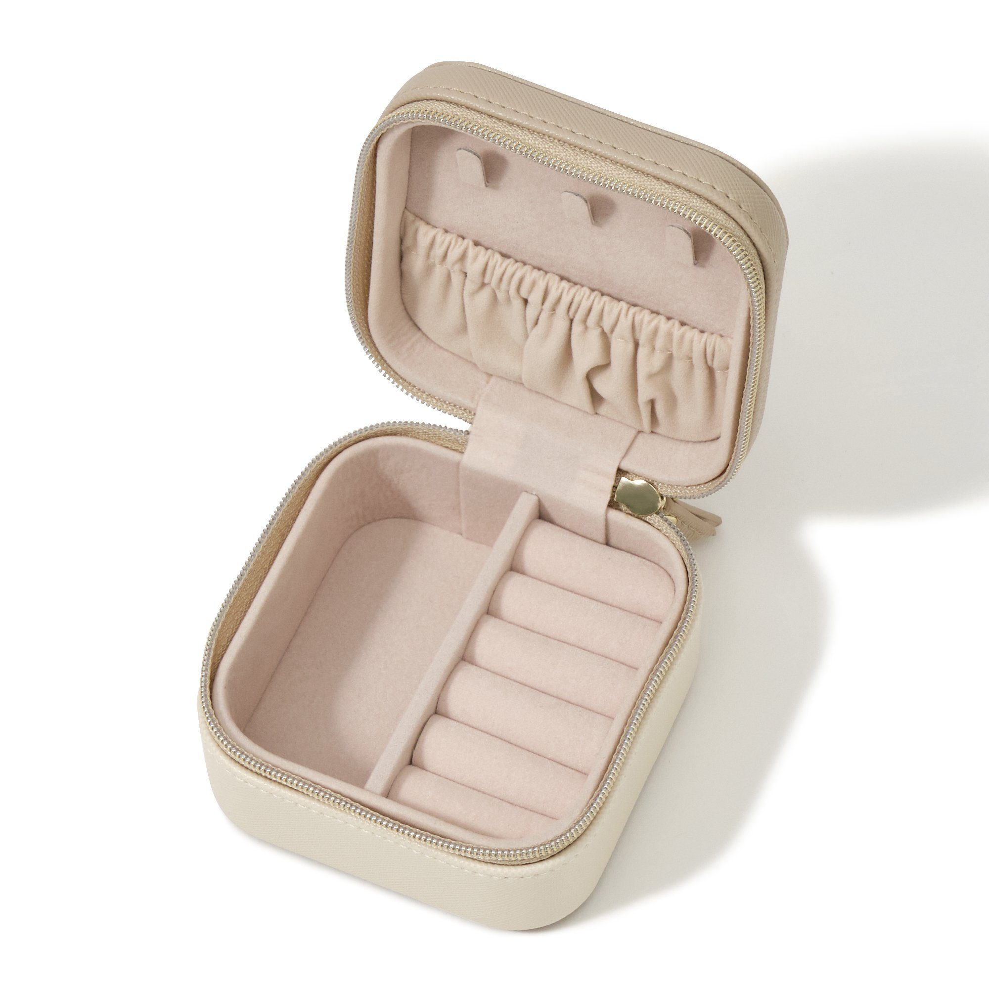 Bicolor Small Travel Jewelry Box Organizer - Beige & White Portable Jewelry Case for Necklaces, Rings & Earrings | Perfect for Vacation, Business Trips & Daily Use