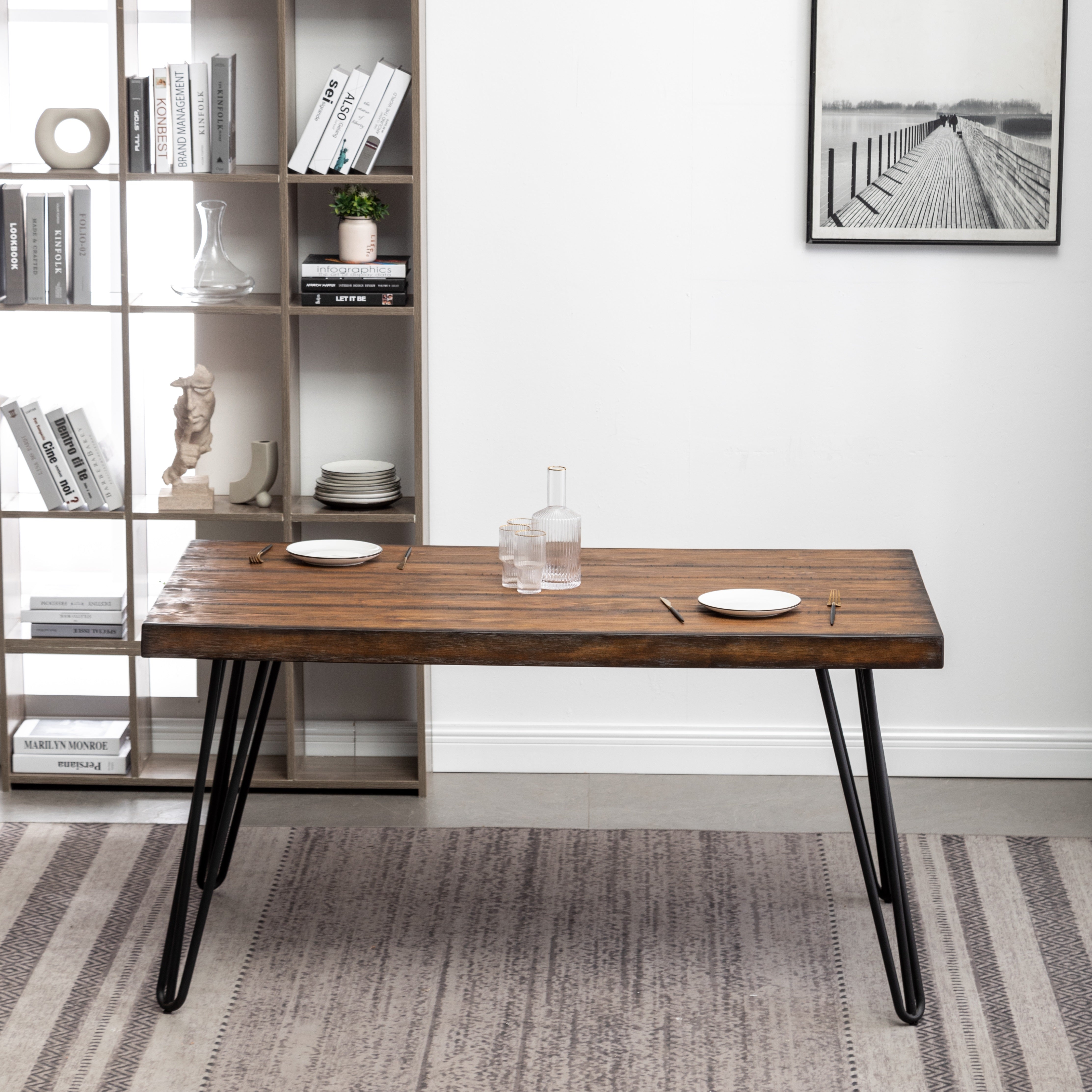 Roundhill Furniture Aryven 7-Piece Industrial Dining Set - Rustic Dark Pine Table & 6 Antique Gray Faux Leather Chairs for Farmhouse Kitchen & Dining Room Decor