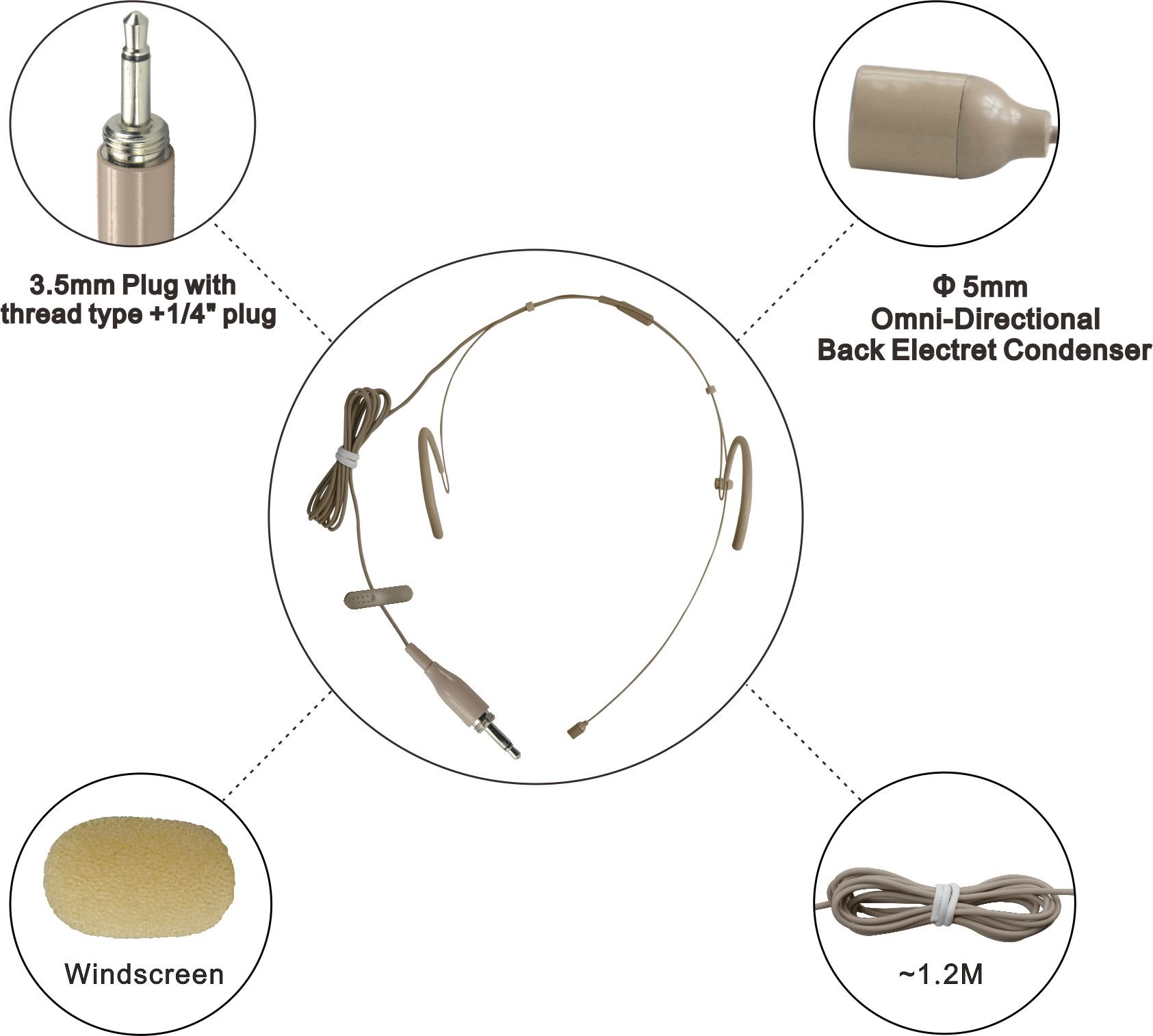 HEIMU Double Earhook Wired Headset with Boom Omnidirectional Microphone - 3.5mm & 1/4