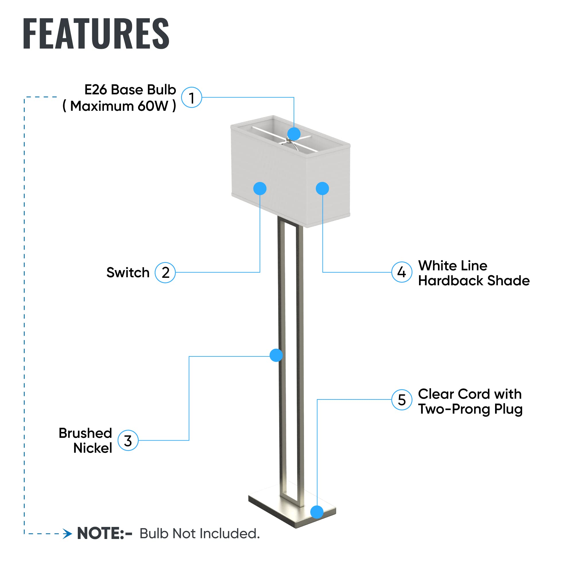 Modern 61-inch LED Floor Lamp for Living Room - Brushed Nickel Finish, Pure White Linen Shade, Corner Standing Lamp with On/Off Switch, E26 Base (Bulb Not Included) - Perfect for Reading Nook, Bedroom Lighting & Home Office Decor