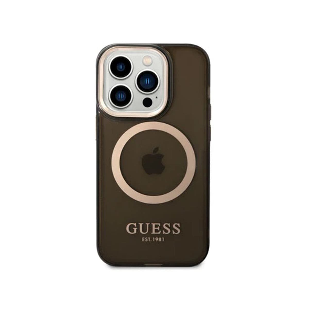 GUESS Ring Edition Translucent Black Case for iPhone 14 Pro Max - Slim Protective Phone Cover with Grip Ring Stand for Hands-Free Viewing & Selfies