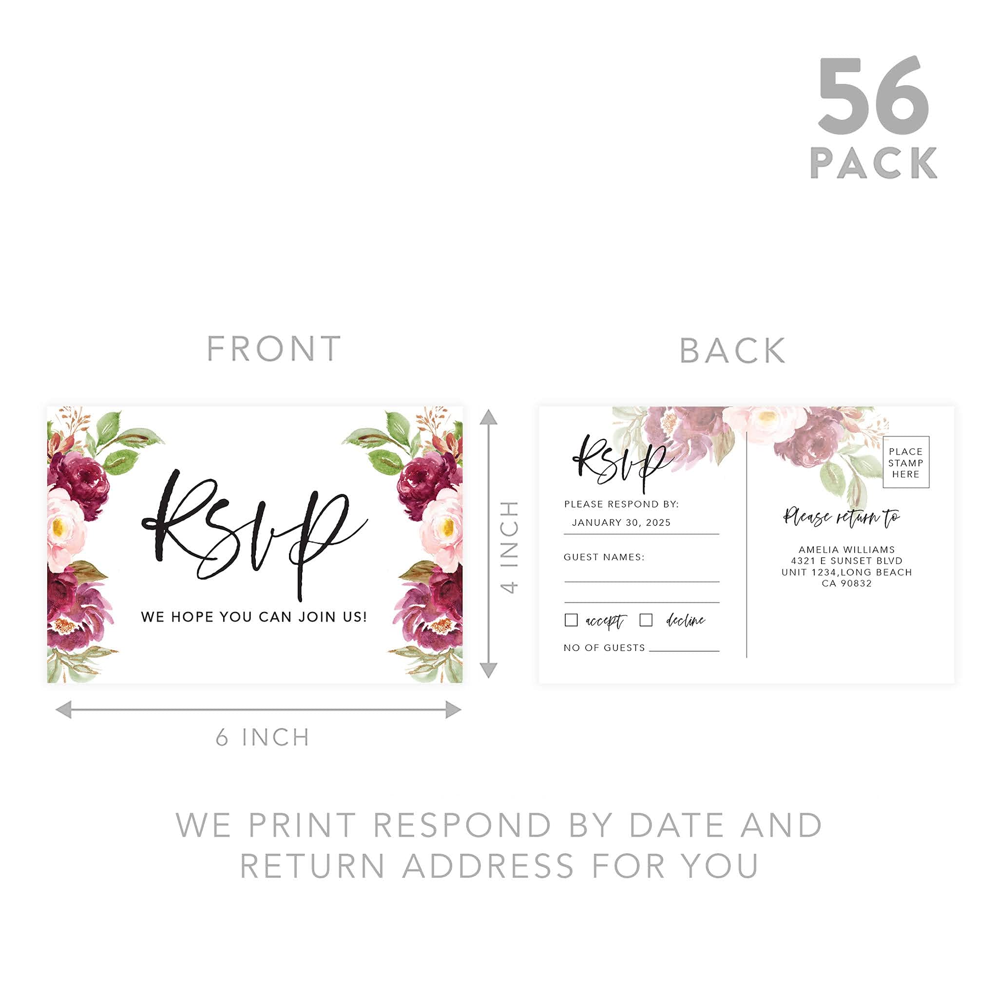 Personalized RSVP Postcards 56-Pack - Wedding, Bridal Shower & Baby Shower Invitations with Custom Date & Return Address - Elegant Pink & Burgundy Roses Design on Premium Cardstock (4