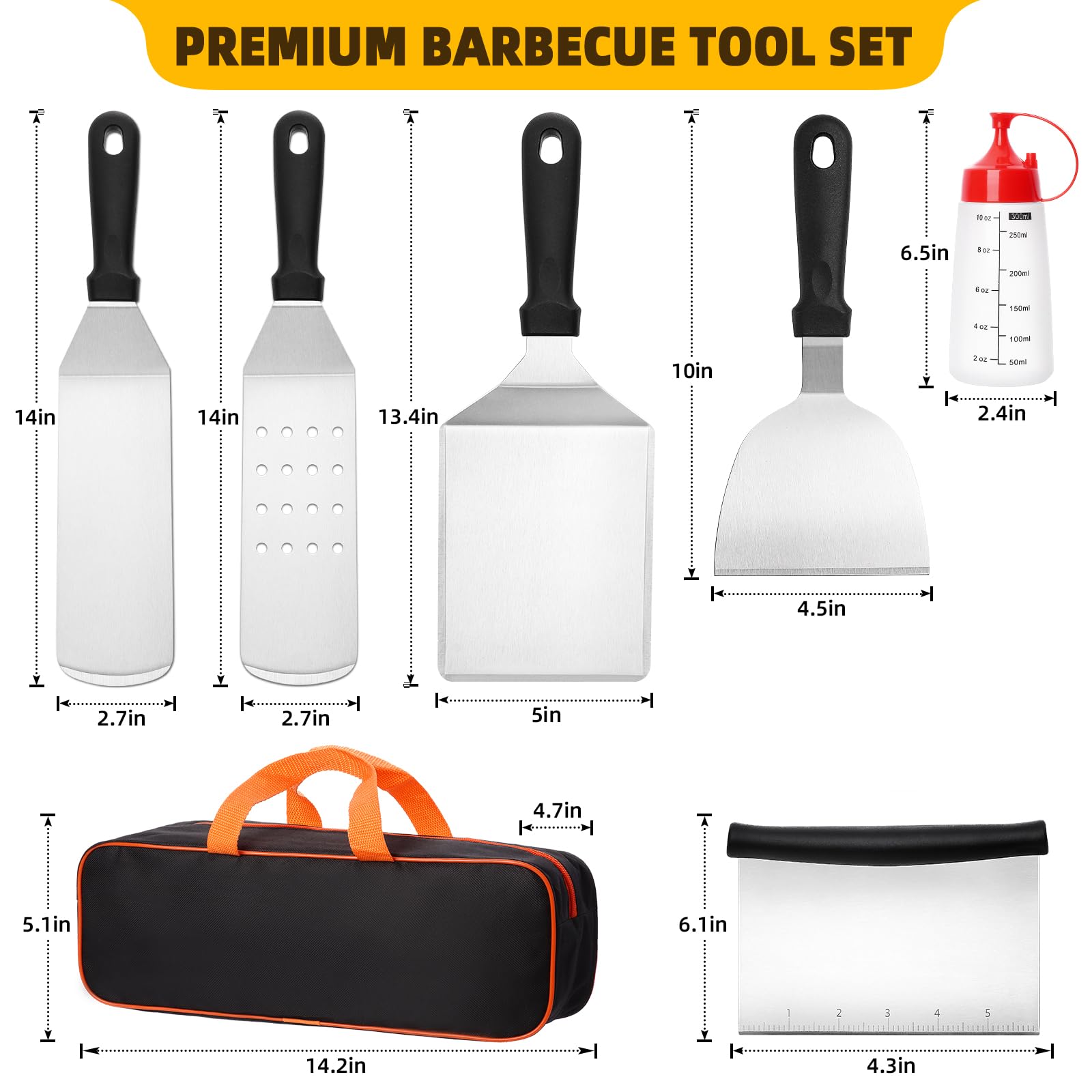 8PCS Griddle Accessories Tool Kit - Flat Top Grill Spatula Set for Blackstone & Camp Chef | Includes Turner, Scraper, Chopper, Oil Bottles & Carry Bag | Perfect for Outdoor BBQ, Backyard Grilling & Indoor Cooking | Great for Camping, Tailgating & Home Kitchen Use