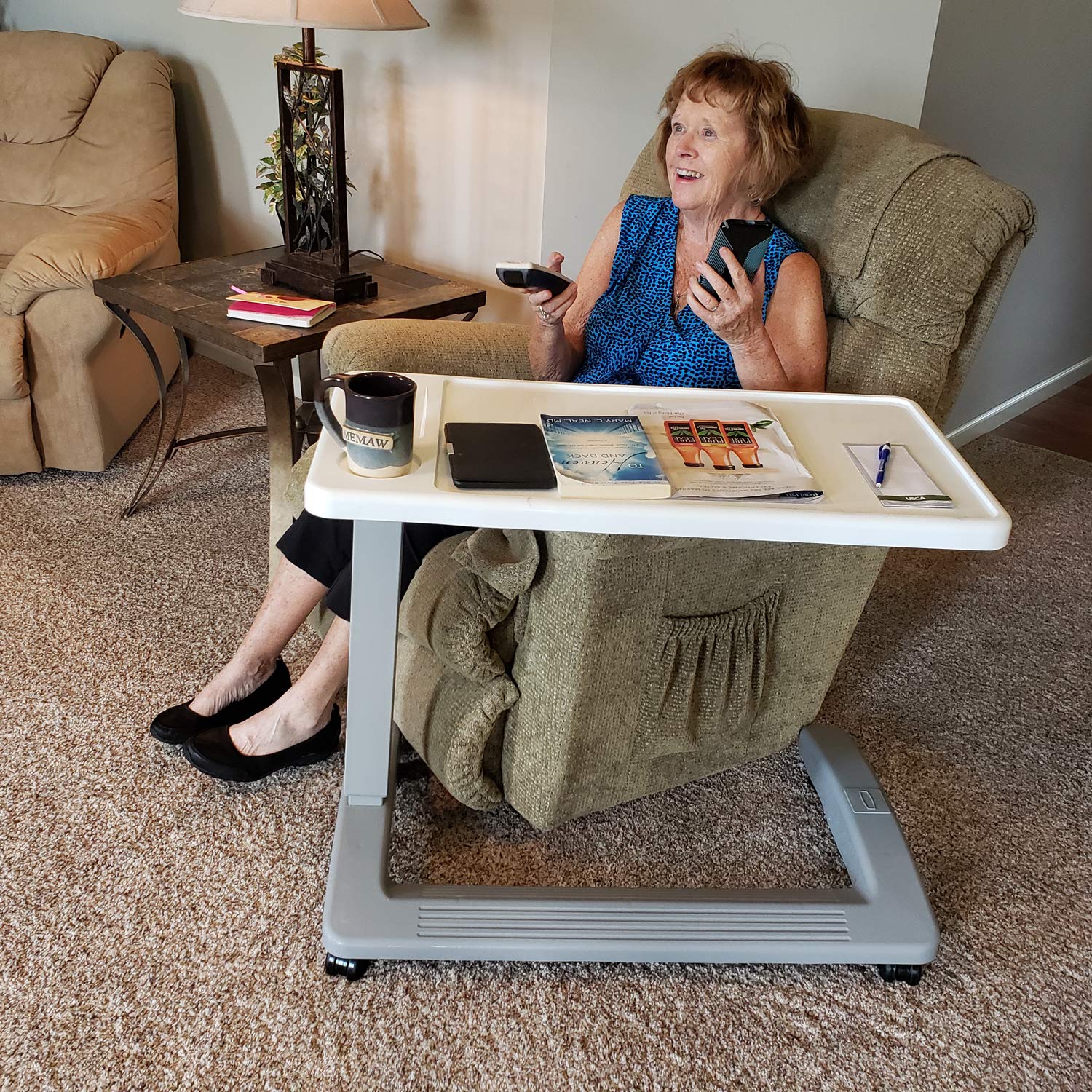 Carex Overbed Table with Wheels - Adjustable Height Hospital Bed Table for Home & Medical Use - Rolling Bedside Desk for Eating, Working, Reading in Bed - Portable Over The Bed Table for Patients & Seniors