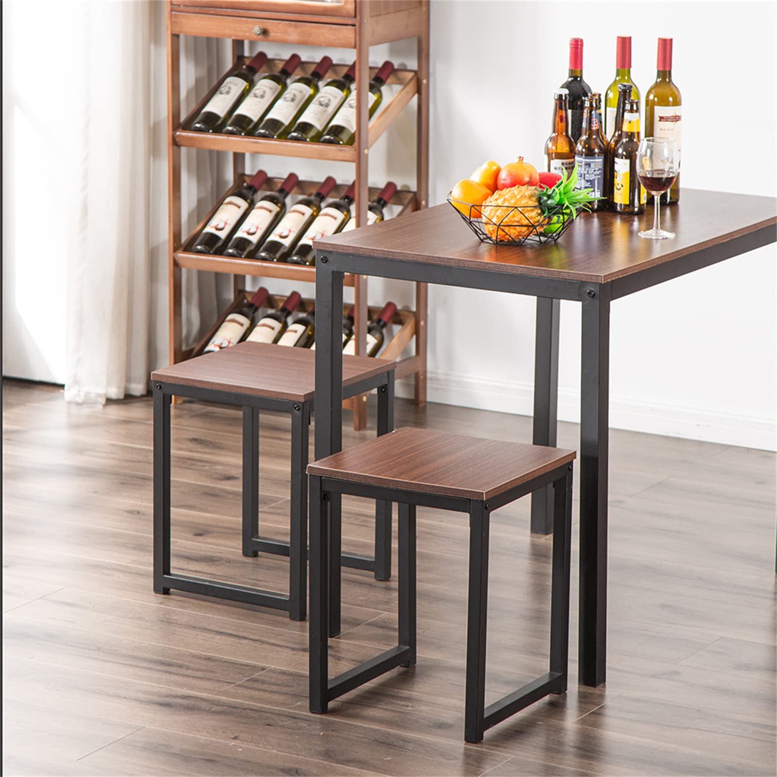 Compact Round Kitchen Table Set for 2 - 3 Piece Small Space Dining Set with 2 Chairs, Breakfast Nook Table & Wine Rack - Perfect for Apartments, Tiny Homes & Cozy Breakfast Nooks (Walnut)