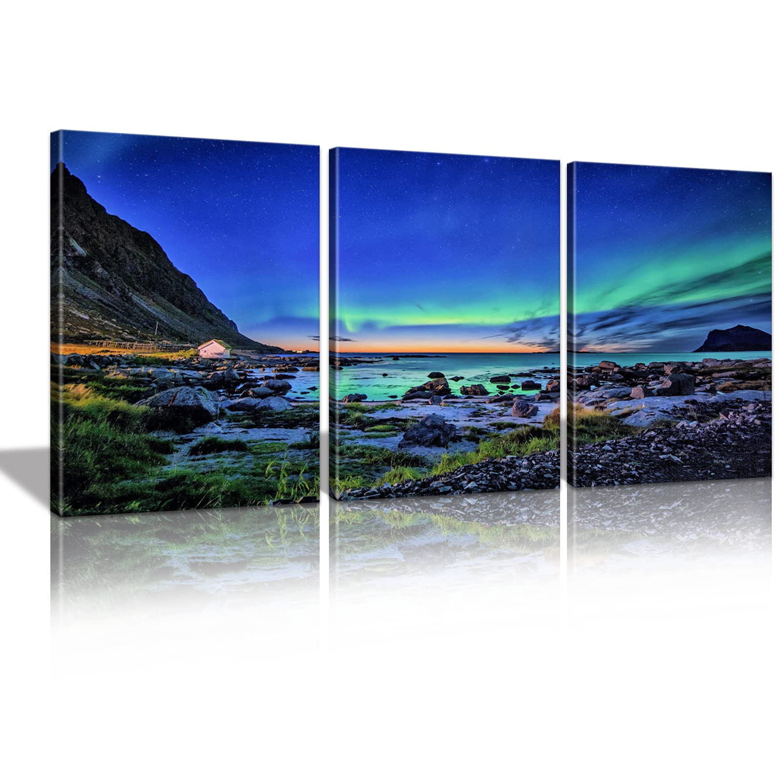 KAWAHONE Northern Lights Canvas Wall Art - Aurora Reef Mountain Landscape Framed Poster (12