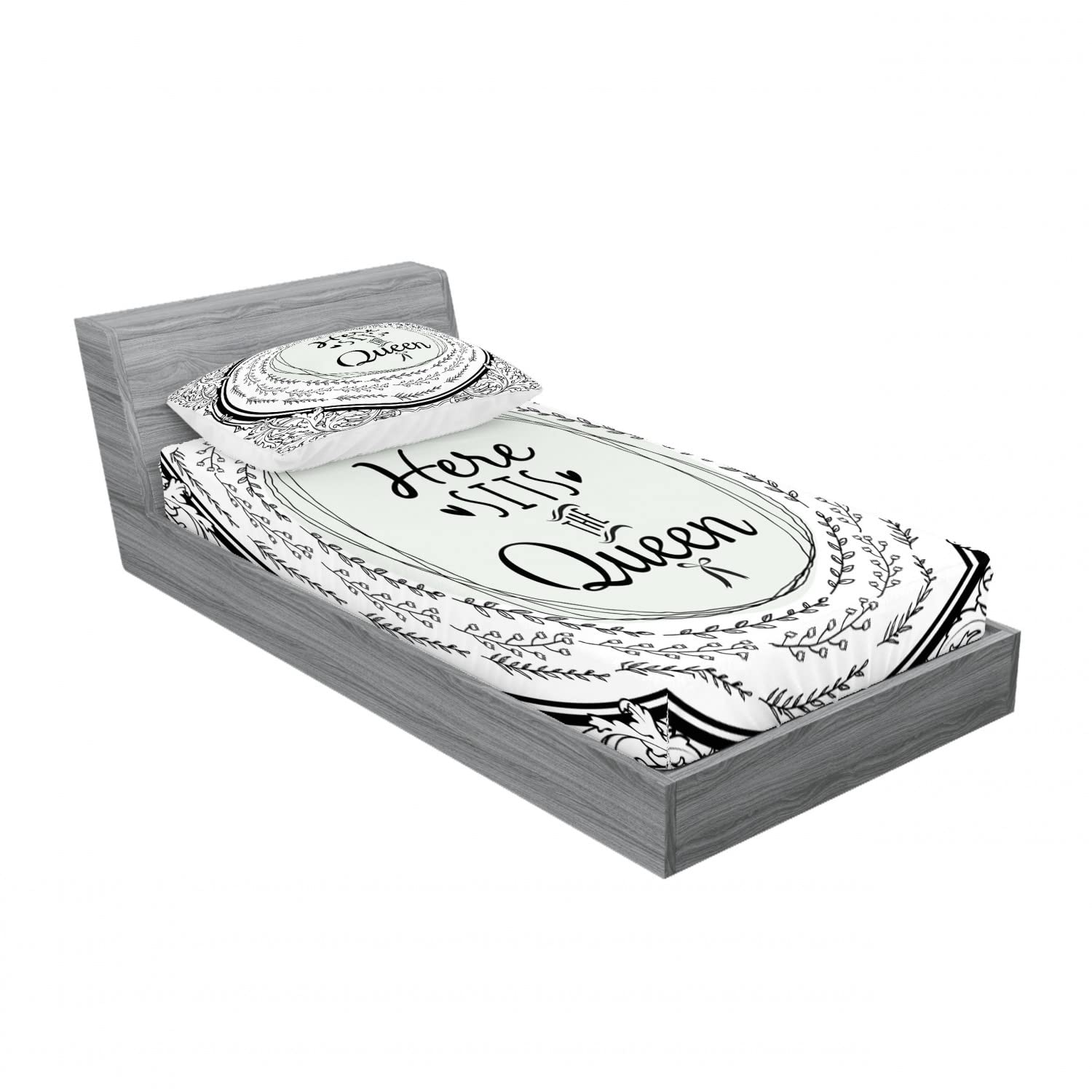 Ambesonne Queen 2-Pack Fitted Sheet & Pillow Sham Set - Here Sits The Queen Oval Curl Design - 4-Piece Twin XL Bedding Set in Mint Green & Charcoal Grey - Soft & Breathable for Comfortable Sleep - Perfect for Guest Rooms, Dorms, or Apartment Decor