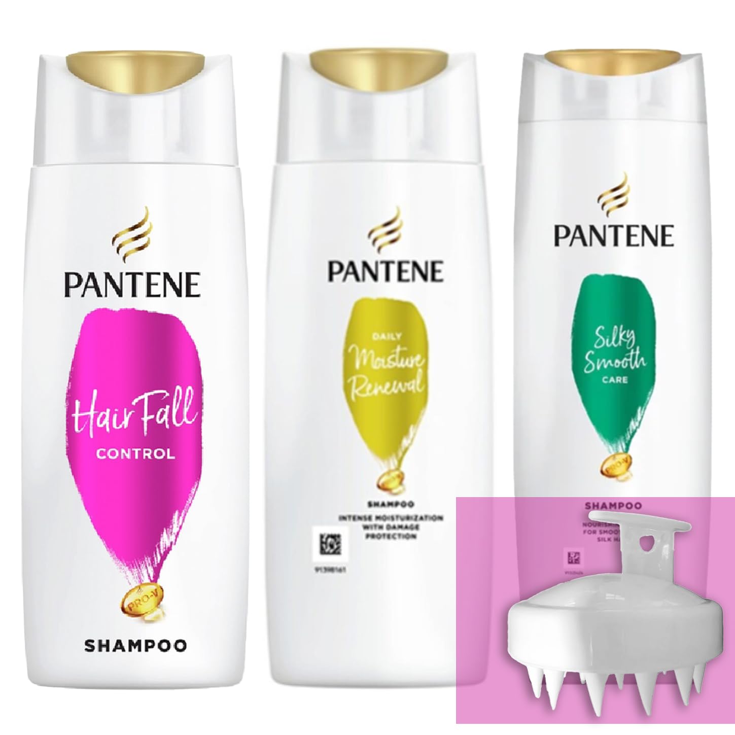 Pantenee Travel Size Shampoo 2.3 oz (3-Pack) with Scalp Brush - Daily Moisture, Silky Smooth & Hair Fall Control - Perfect for Travel, Gym & On-The-Go Hair Care