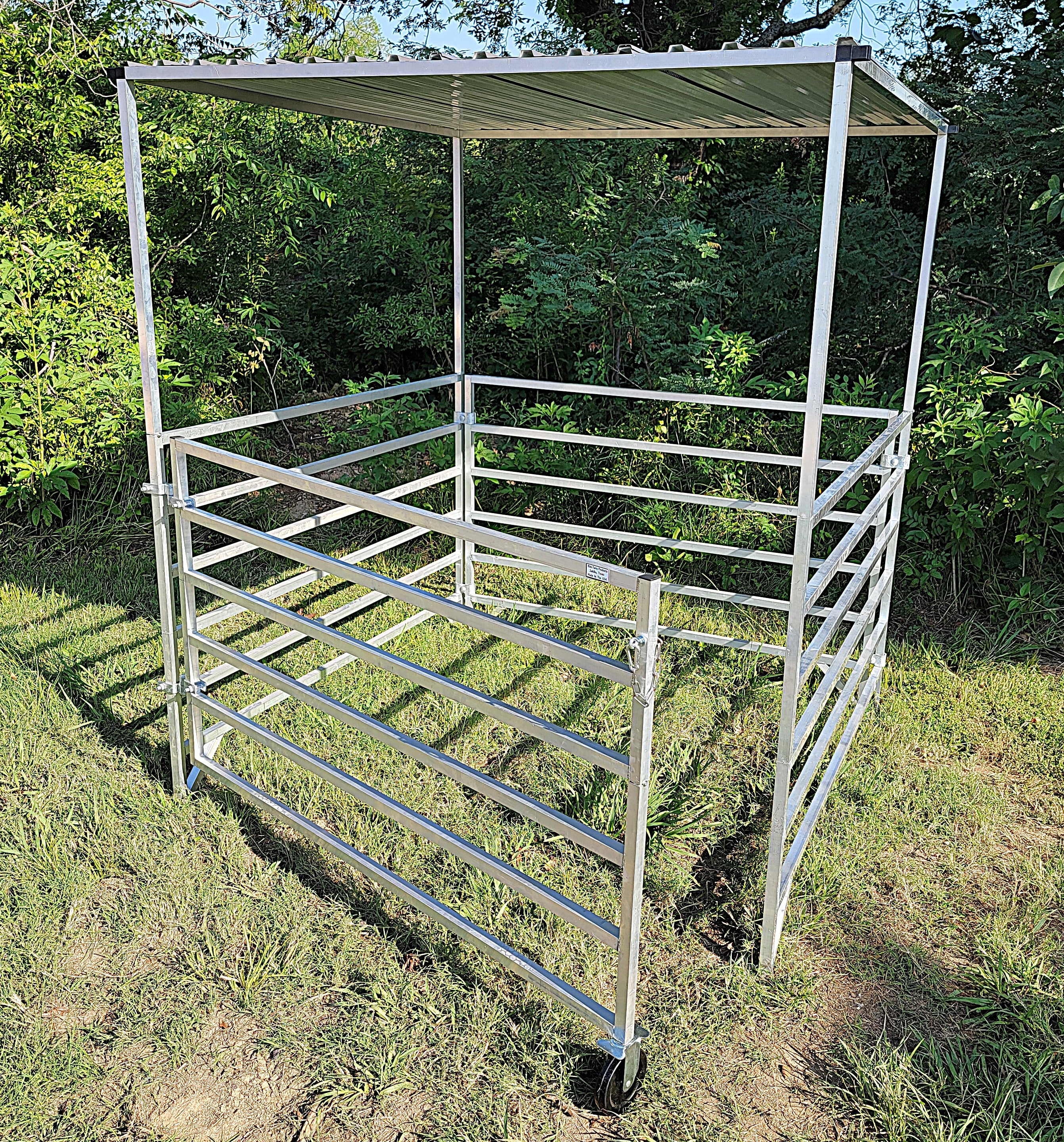 5 Ft x 5 Ft Aluminum Horse Stall Kit with 6 Rails, 3 Panels & 1 Gate - Includes Shade Canopy for Outdoor Horse Shelter, Pasture & Stable Use