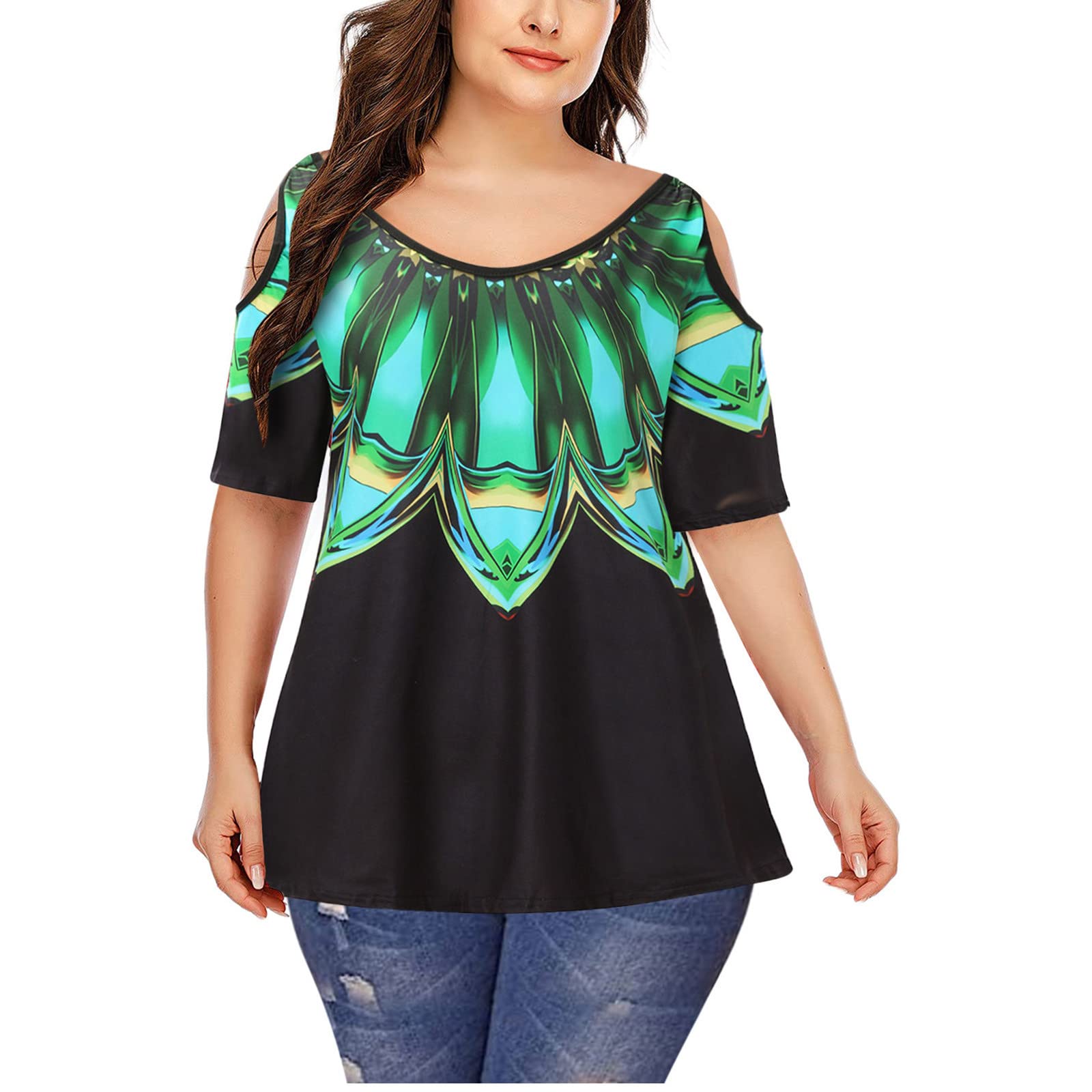 Plus Size Summer Tops for Women - Sexy Cold Shoulder Casual Short Sleeve Graphic Tees with Floral Print | Perfect for Beach Outings, Vacation Wear & Summer Parties