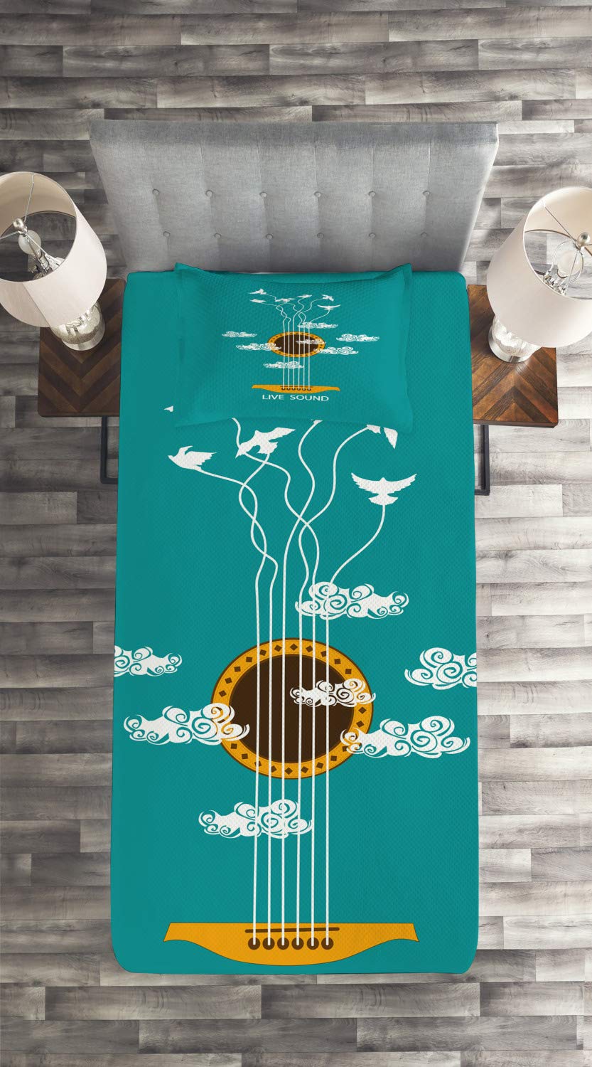 Ambesonne Twin Size Guitar Themed Quilt Set - Abstract Music Design with Birds on Strings & Clouds, 2-Piece Bedspread & Pillow Sham in Turquoise Marigold White | Perfect for Music Lovers' Bedroom Decor & Gift Ideas