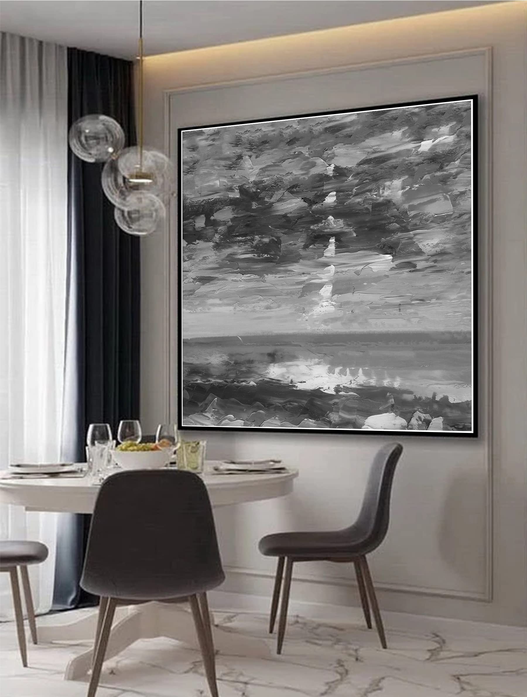 Handmade Black and White Abstract Ocean Oil Painting on Canvas - Modern Large Wall Art for Home & Office Decor - 40x40 Inches - Perfect for Living Room, Bedroom, or Workspace