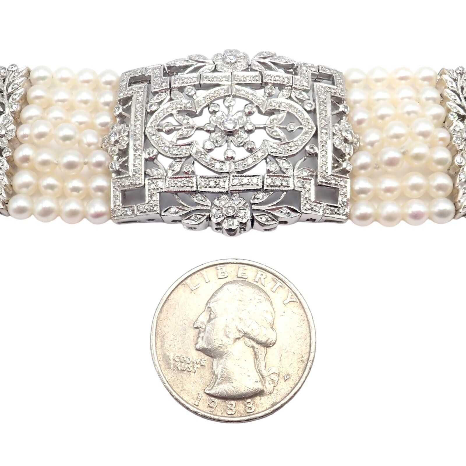 Vintage 18k White Gold Diamond & Pearl Bracelet - 7 Rows 4.5mm Pearls, Elegant Estate Jewelry for Women - Perfect for Weddings, Anniversaries & Special Occasions