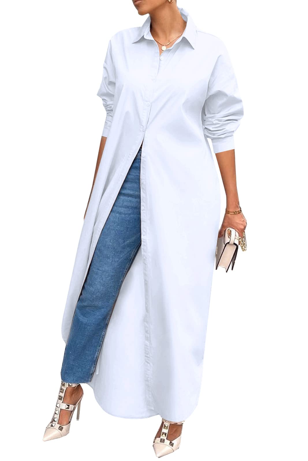 Choichic Women's Casual Long Sleeve Cotton Button Down Shirt Dress - Flowy Maxi Dress for Spring & Summer | Perfect for Office, Date Night & Weekend Outings