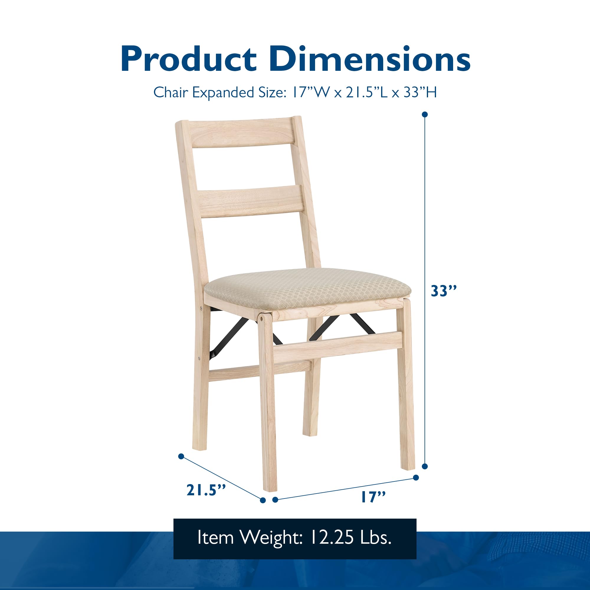 Premium MECO Stakmore Solid Wood Folding Dining Chairs Set of 2 - Classic Unfinished Wooden Table & Fabric Padded Seats for Home, Kitchen, Office, and Small Spaces