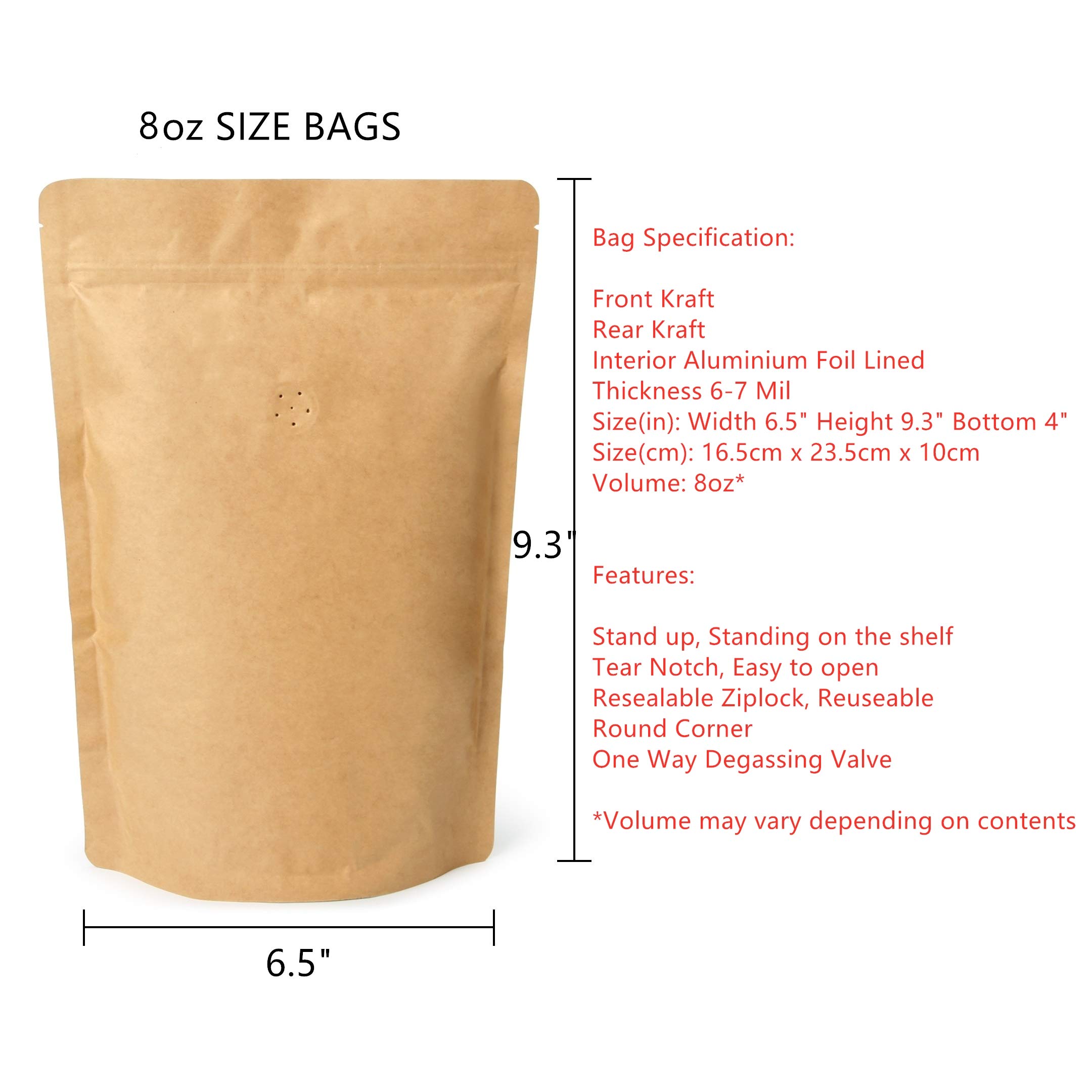 Premium High Barrier Natural Kraft Coffee Pouch with One-Way Degassing Valve - 8oz Stand Up Zipper Bags (500 Count) - Ideal for Fresh Roasted Coffee, Tea & Snack Storage