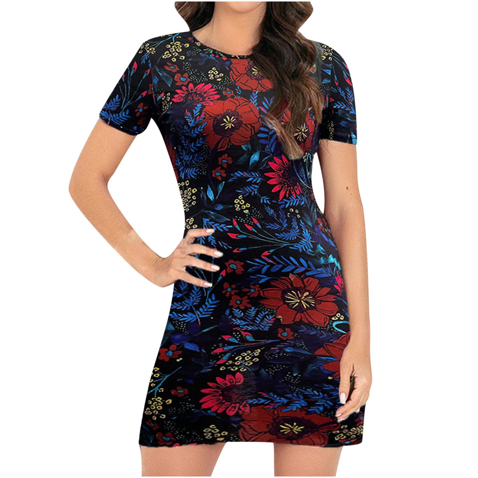 Vintage Floral Print Short Sleeve Bandage Dress for Women - Crewneck Casual Summer T-Shirt Dress in Blue | Perfect for Beach Outings, Date Nights & Summer Vacations