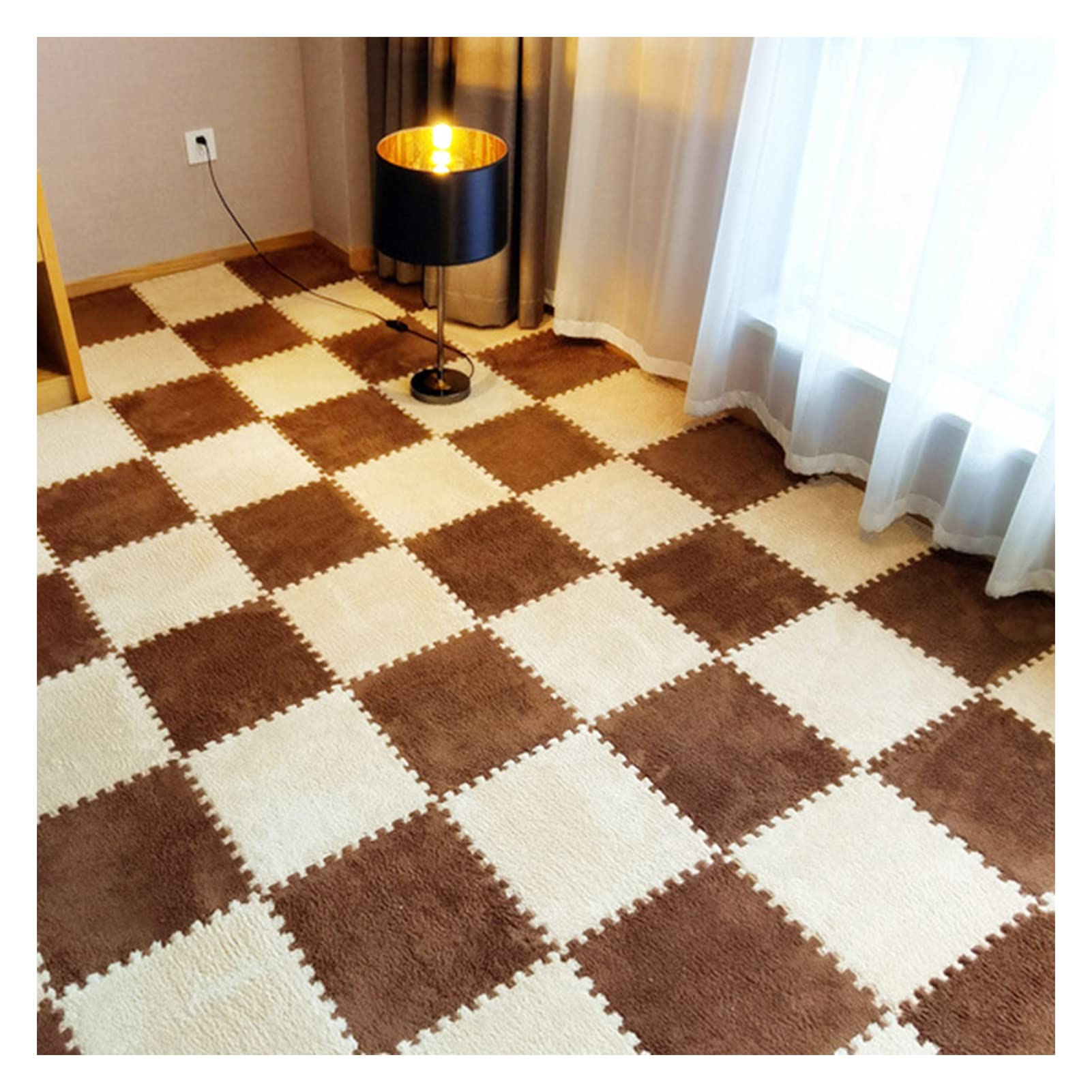 36 Pcs Plush Puzzle Foam Floor Mat - 12x12 Inch Soft Interlocking Carpet Tiles with Border for Baby Crawling, Playroom & Nursery - Non-Slip Shaggy Area Rug in Apricot+Coffee for Home, Office & Kids Room Flooring