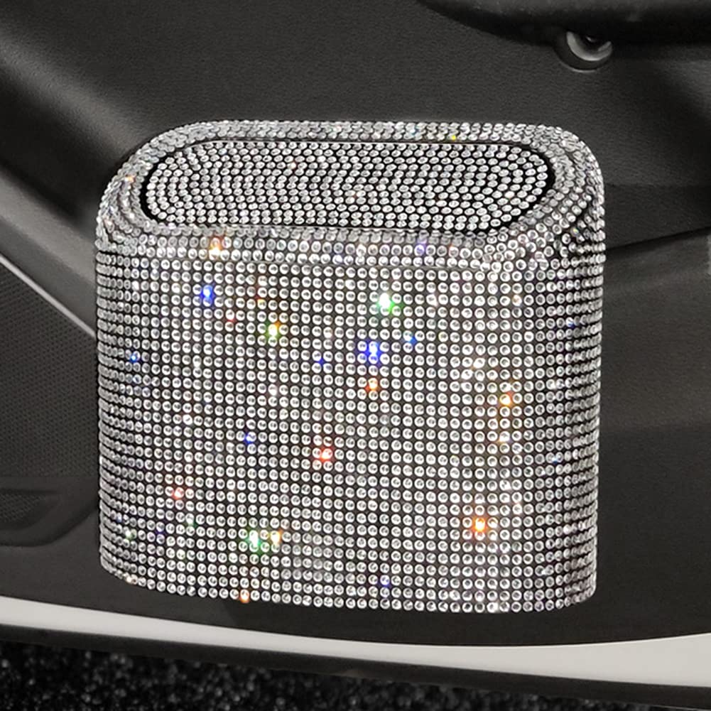 Bling Car Trash Can - Small Leakproof Hanging Garbage Bin with Lid & Rhinestone Design (White) | Perfect for Cars, Offices, Bedrooms & Travel | Multipurpose Storage Container