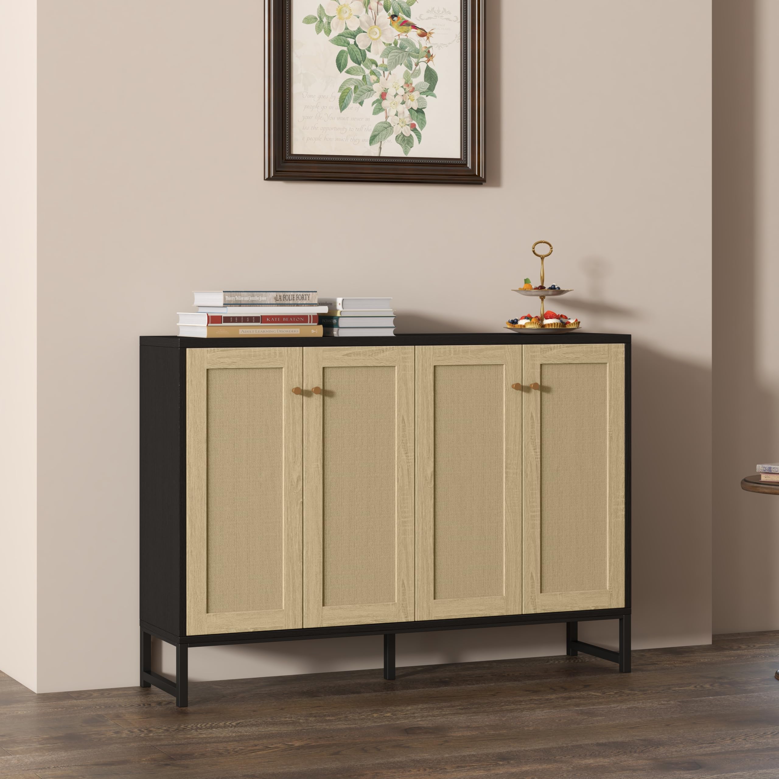 Panana 4-Door Sideboard Accent Cabinet with Rattan Decor - Freestanding Kitchen Buffet Storage for Dining Room & Living Room | Black Modern Cupboard for Home Organization & Display