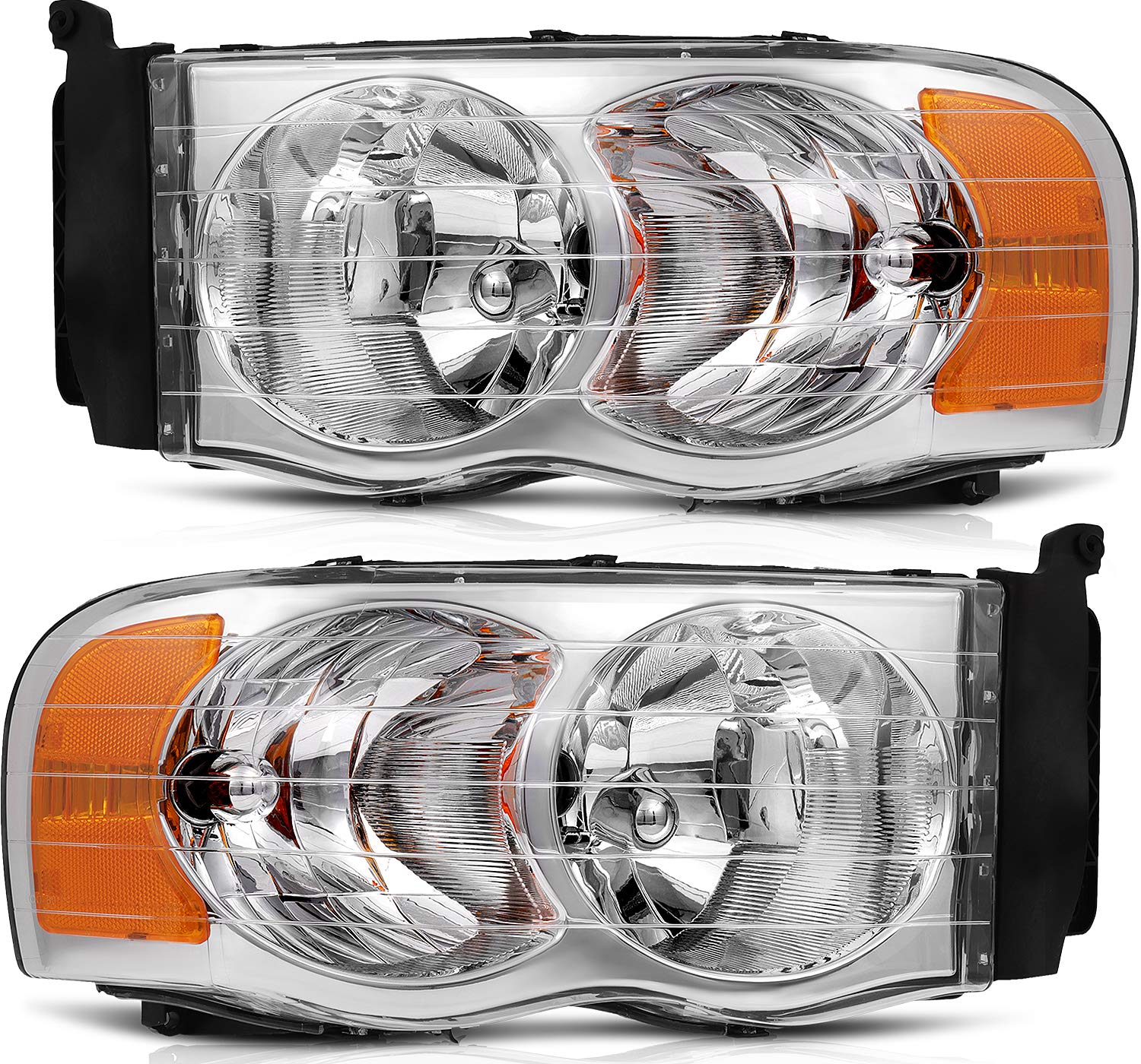 Dodge Ram 1500 2500 3500 Headlight Assembly (2002-2005) - Chrome Housing with Amber Reflector & Clear Lens - Driver & Passenger Side Replacement Headlamps for Improved Night Driving Visibility