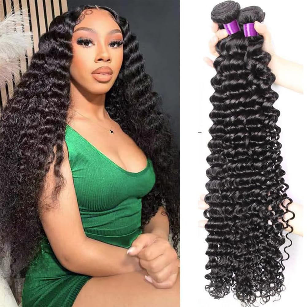 100% Unprocessed Brazilian Virgin Remy Human Hair Deep Wave Bundles - Double Weft Curly Hair Extensions for Natural Look & Volume | Perfect for Daily Wear, Parties & Special Occasions