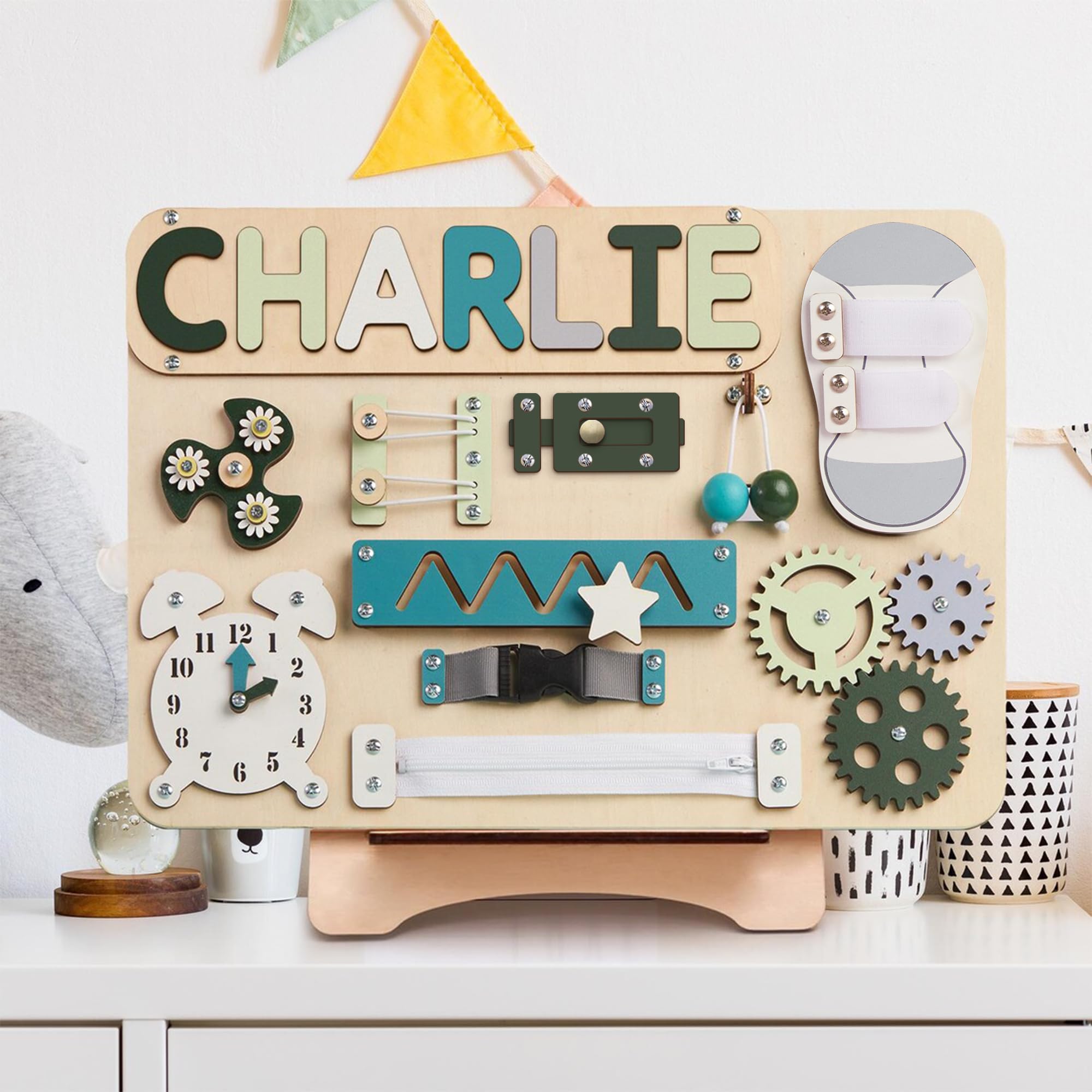 Montessori Wooden Busy Board for Toddlers 1-3 Years Old - Personalized Sensory Toy with Fine Motor Skill Activities | Educational Learning Toy for Baby & Toddler | Perfect Gift for Birthday & Christmas (Pastel Girl Design) - Ideal for Daycare, Preschool & Home Playtime