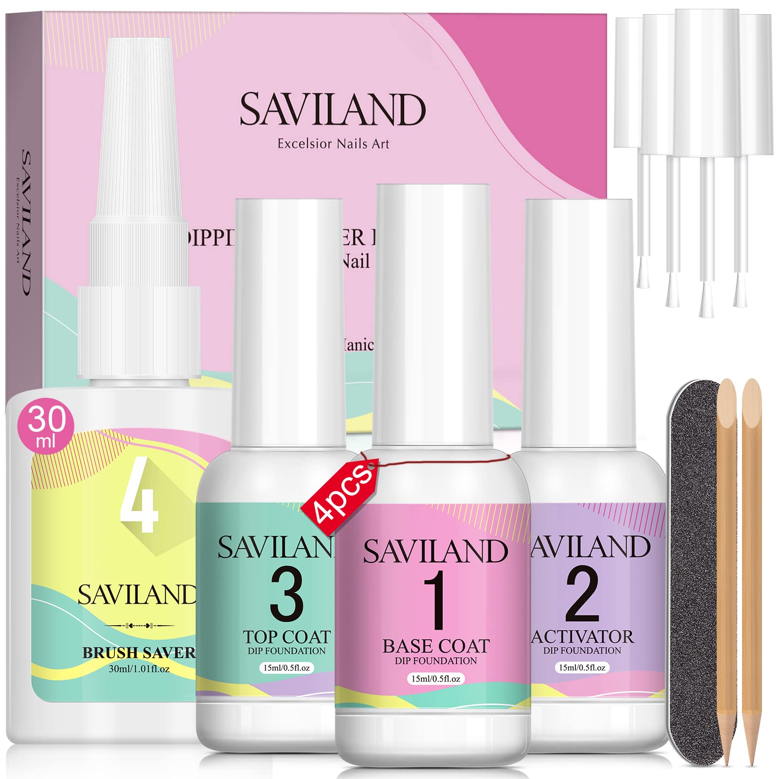 Saviland Dipping Powder Liquid Set - 30ml Large Capacity Brush Saver & 15ml Dip Powder Base/Top Coat Gel Activator for Professional Dip Powder Nail Kit (No UV Lamp Needed) - Perfect for Salon, Home Manicures & DIY Nail Art