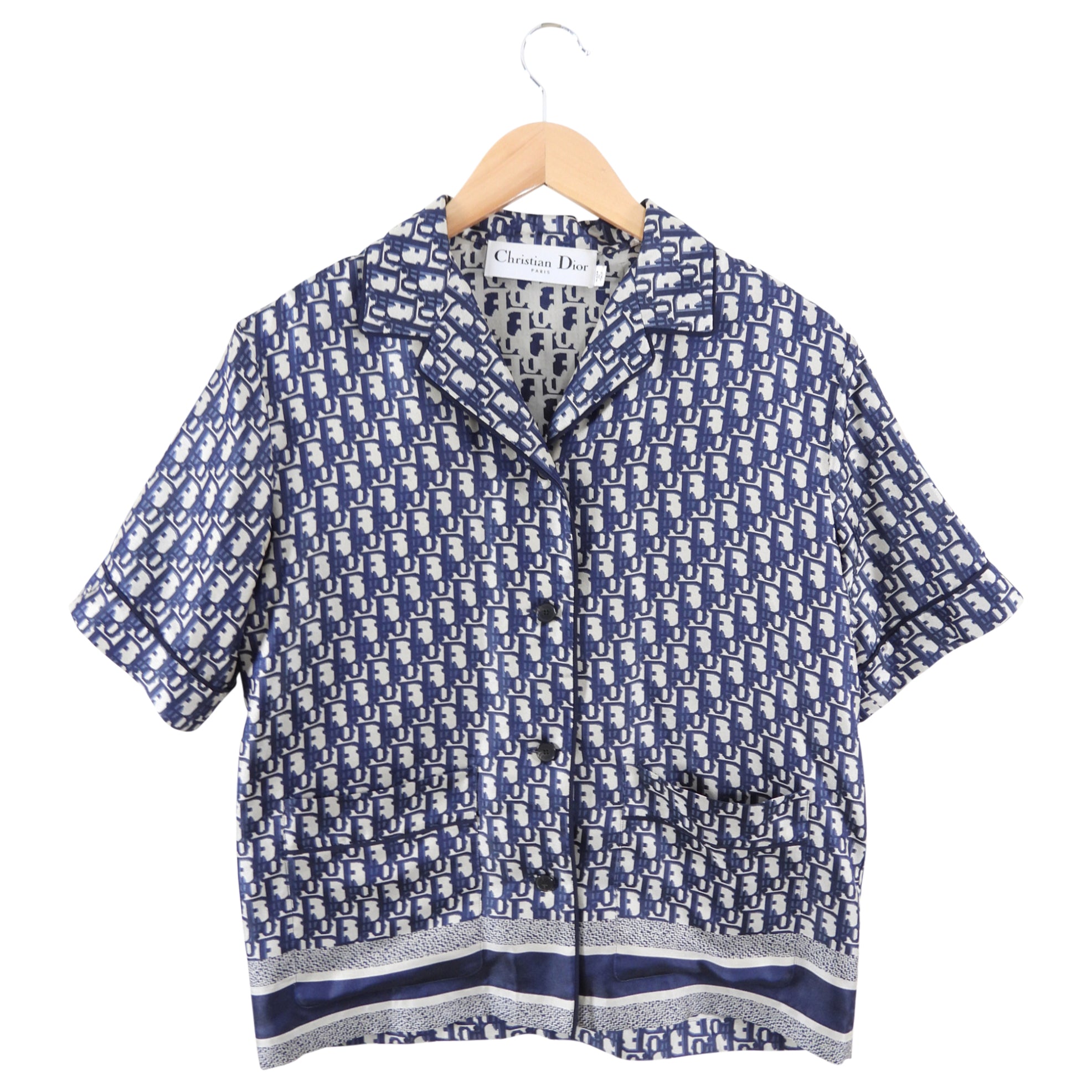 Christian Dior Navy Oblique Silk Button Down Shirt for Women - Size FR34 (XS/S) | Luxury Designer Blouse for Office, Party & Special Occasions