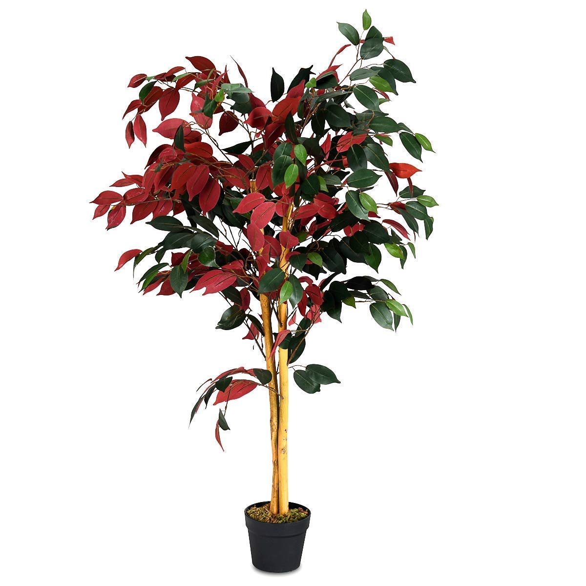 COSTWAY 4Ft Artificial Ficus Tree in Pot - Fake Green & Red Potted Plant for Home, Office, Lobby Decor - Perfect for Living Room, Bedroom, or Reception Area Decoration