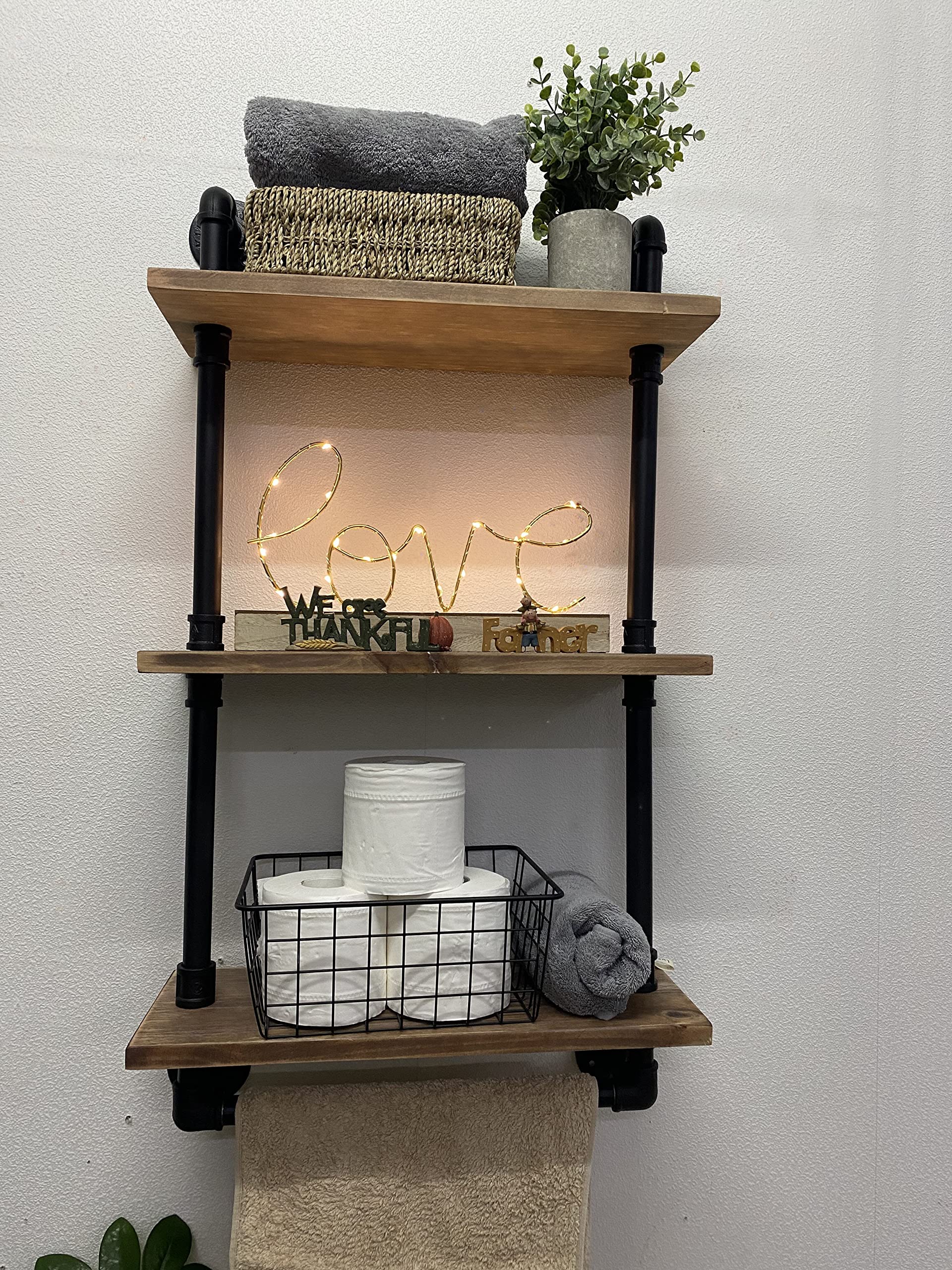Industrial Pipe Wall Shelf with Towel Bar - 3-Tier 20 Inch Rustic Farmhouse Bathroom Storage Shelf | Over Toilet Organizer for Towels & Decor | ROGMARS