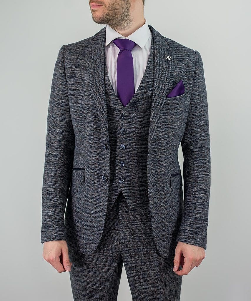 House of Cavani Blue Burnaby 3-Piece Tweed Suit for Men | Premium Wool Blend Formal Attire | Perfect for Weddings, Business Meetings & Special Occasions