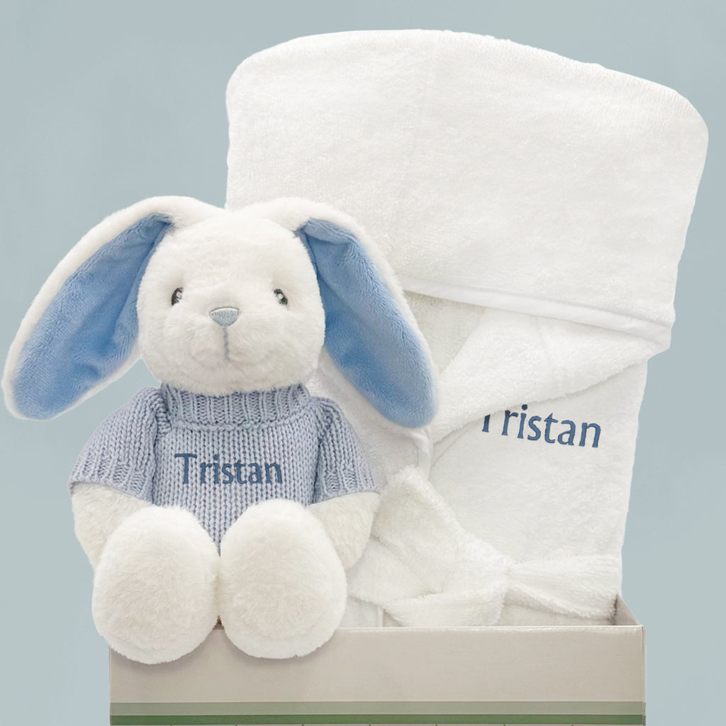 Personalized Baby Bunny Bathrobe Set with Hamper - Blue & White for Newborn to 12 Months | Perfect for Baby Showers, Christenings & First Birthday Gifts