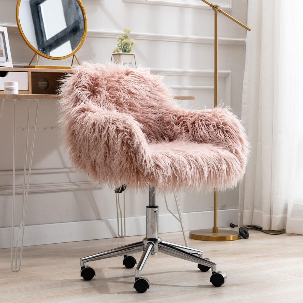 Modern Faux Fur Swivel Chair - Pink Fluffy Accent Chair for Home Office, Bedroom & Makeup Vanity | Heavy Duty Metal Frame with Chrome Base | Perfect for Girls Room Decor, Gaming Setup & Cozy Reading Nook