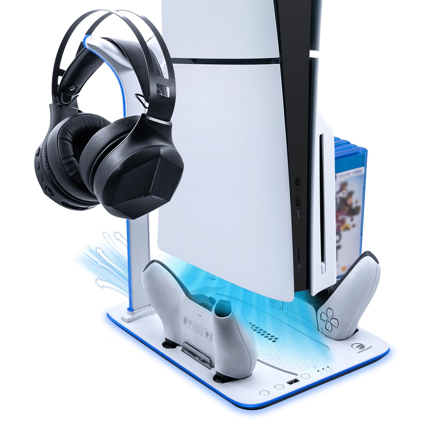 Mcbazel PS5 Slim Charging Station with Cooler & RGB Light - 3-Speed Cooling Dock, Gaming Headset Holder & Disc Storage Accessories - White (Not for PS5/PS5 Pro) | Perfect for Gaming Setup & Console Organization