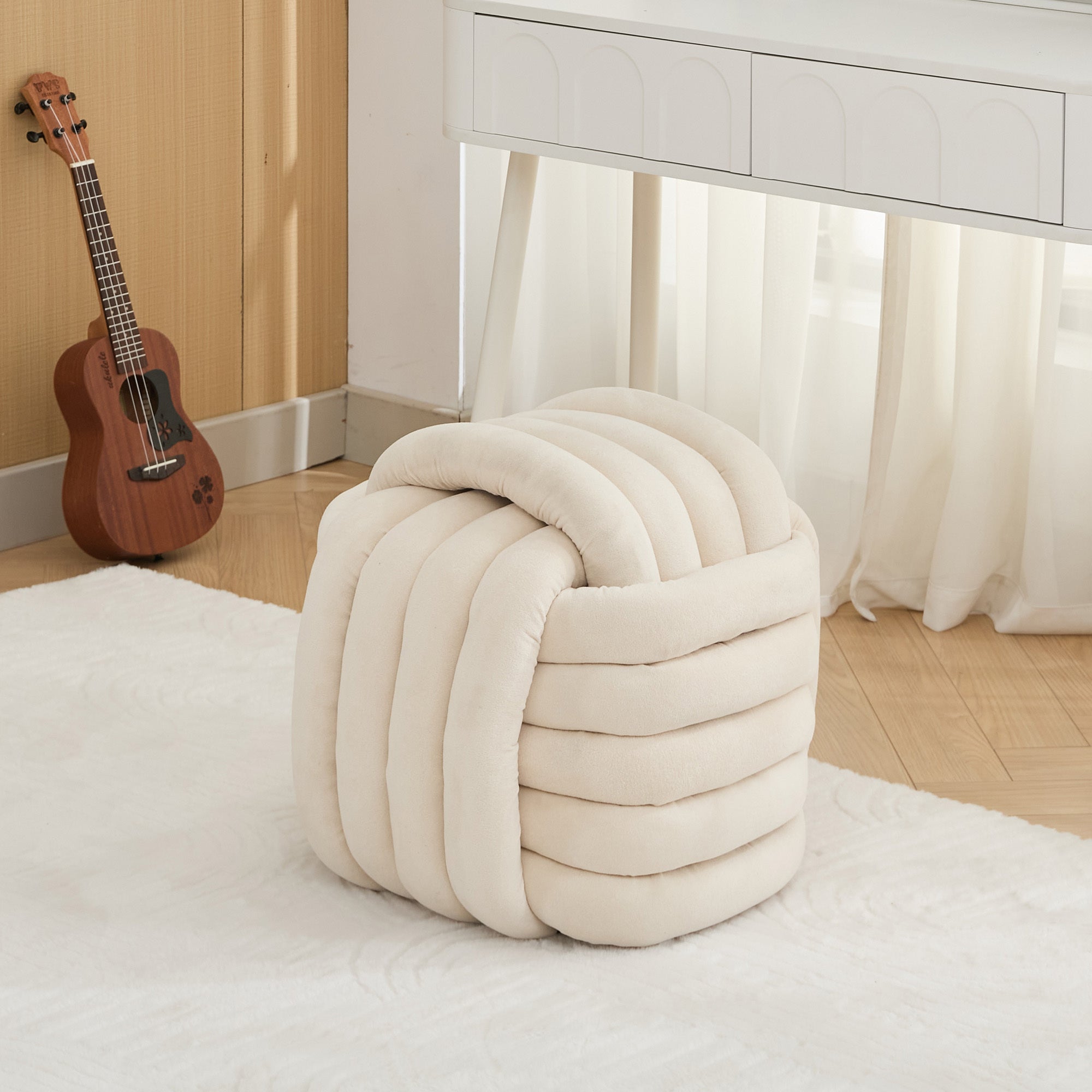 Modern Chenille Fabric Knot Design Ottoman Stool - Comfortable Footrest & Makeup Seat for Living Room, Bedroom - Beige Home Decor Accent | Perfect for Lounging, Vanity & Nursery Use