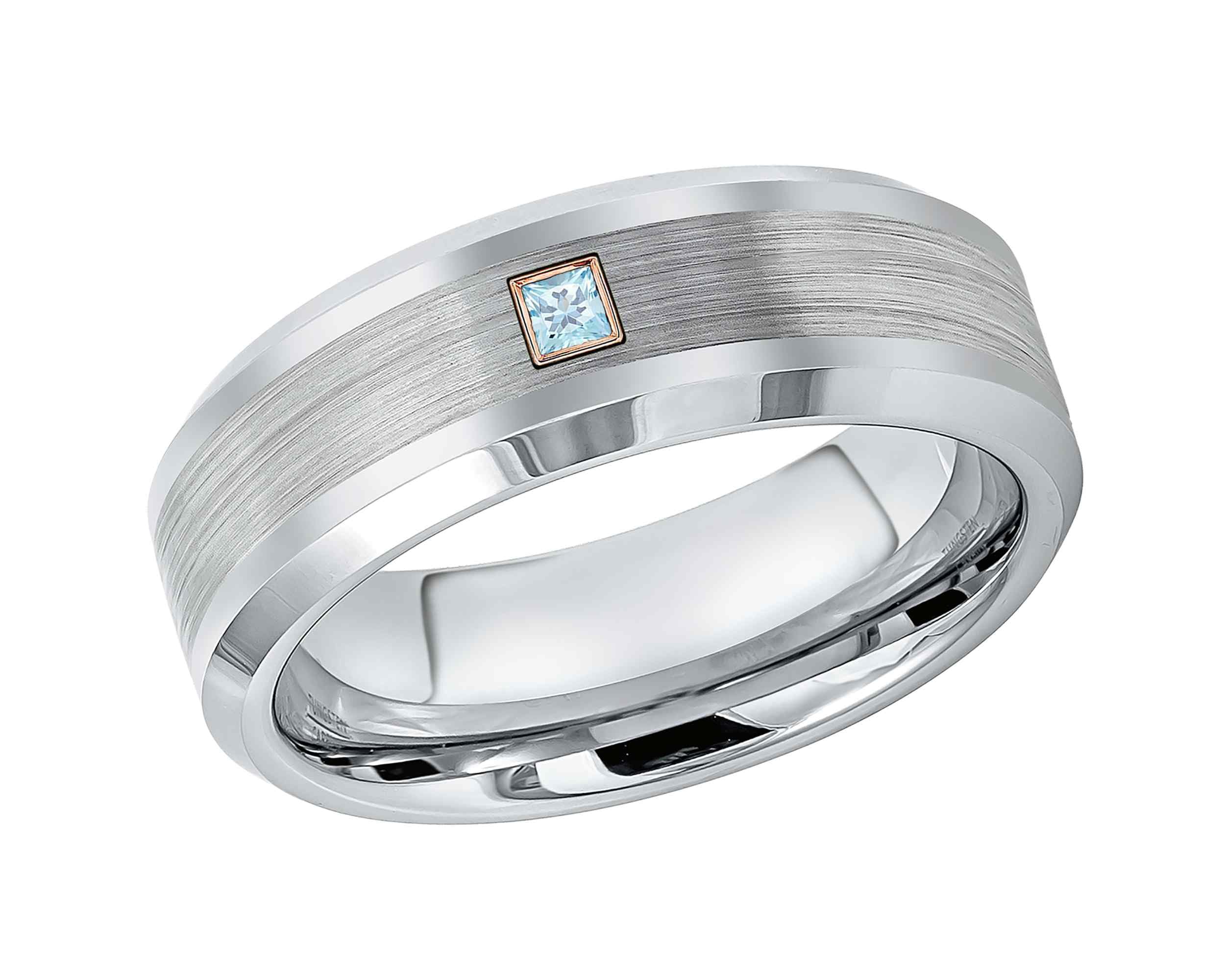 Men's Cobalt Wedding Band with 0.05-0.10ctw Princess Cut Blue Topaz - Brushed Center & Shiny Beveled Edge Comfort Fit Ring - Perfect for Anniversary, Engagement & Everyday Wear