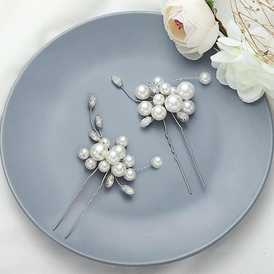 Easedaily Silver Pearl & Opal Bridal Hair Pins - Elegant Wedding Hair Accessories for Women and Girls (2-Piece Set) - Perfect for Bridal Showers, Weddings, and Special Occasions