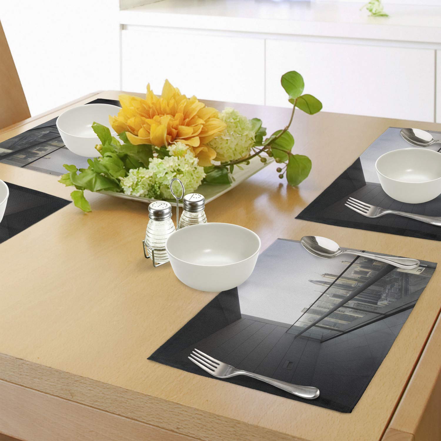 Ambesonne Modern Place Mats Set of 4 - Dubai City Skyline Photo Print, Washable Fabric Dining Table Mats for Kitchen & Dining Room Decor in Charcoal Grey & White - Perfect for Dinner Parties, Holiday Gatherings & Home Styling
